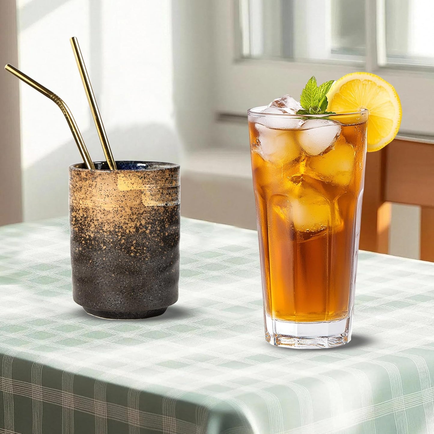 Ceramic Spoon Holder for Coffee Bar, Upright Tea Spoon Holder Cup, Coffee Stirrers Straws Stir Stick Holder, Blue Strips