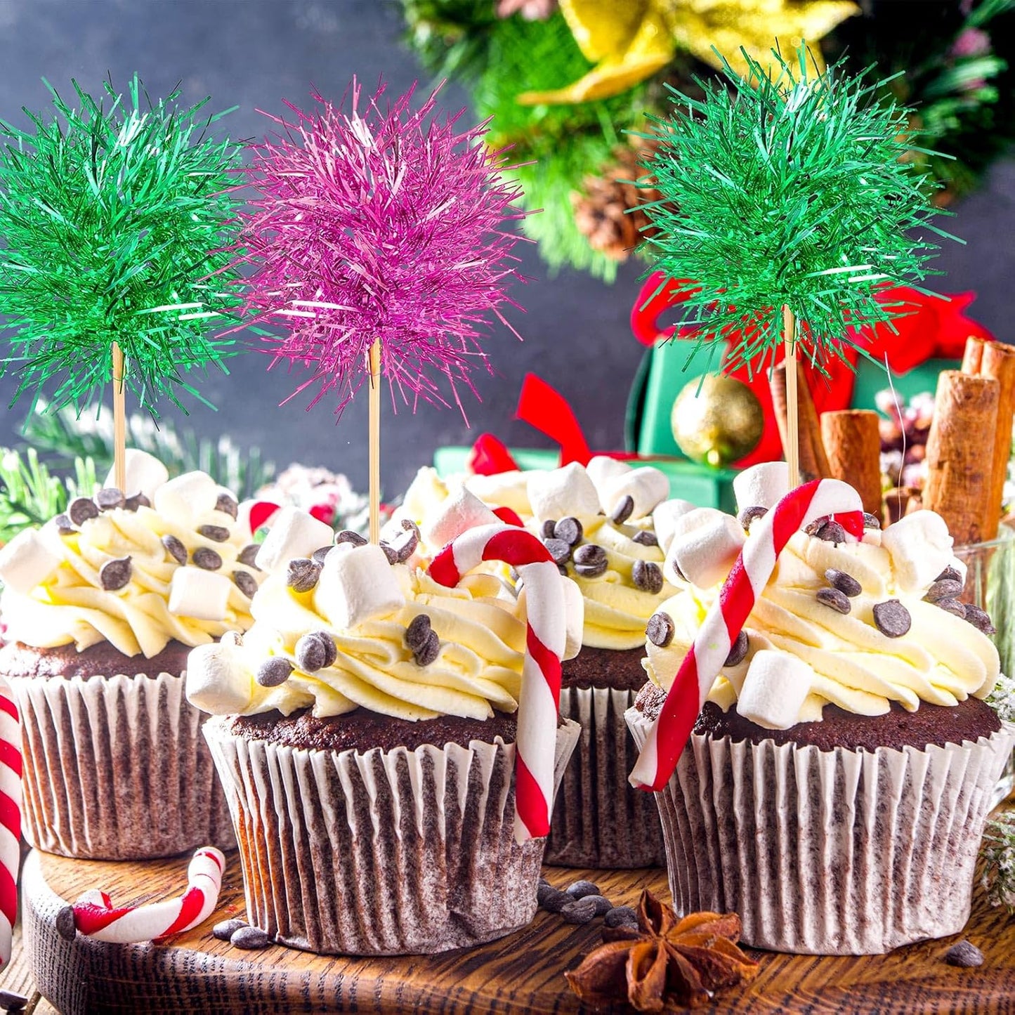 Chinco 100 Pcs Foil Firework Cupcake Toppers Sparkle Tinsel Cake Toppers Cake Decoration Cocktail Fruit Toothpick for Birthday Wedding Graduation Party(Pink, Gold)