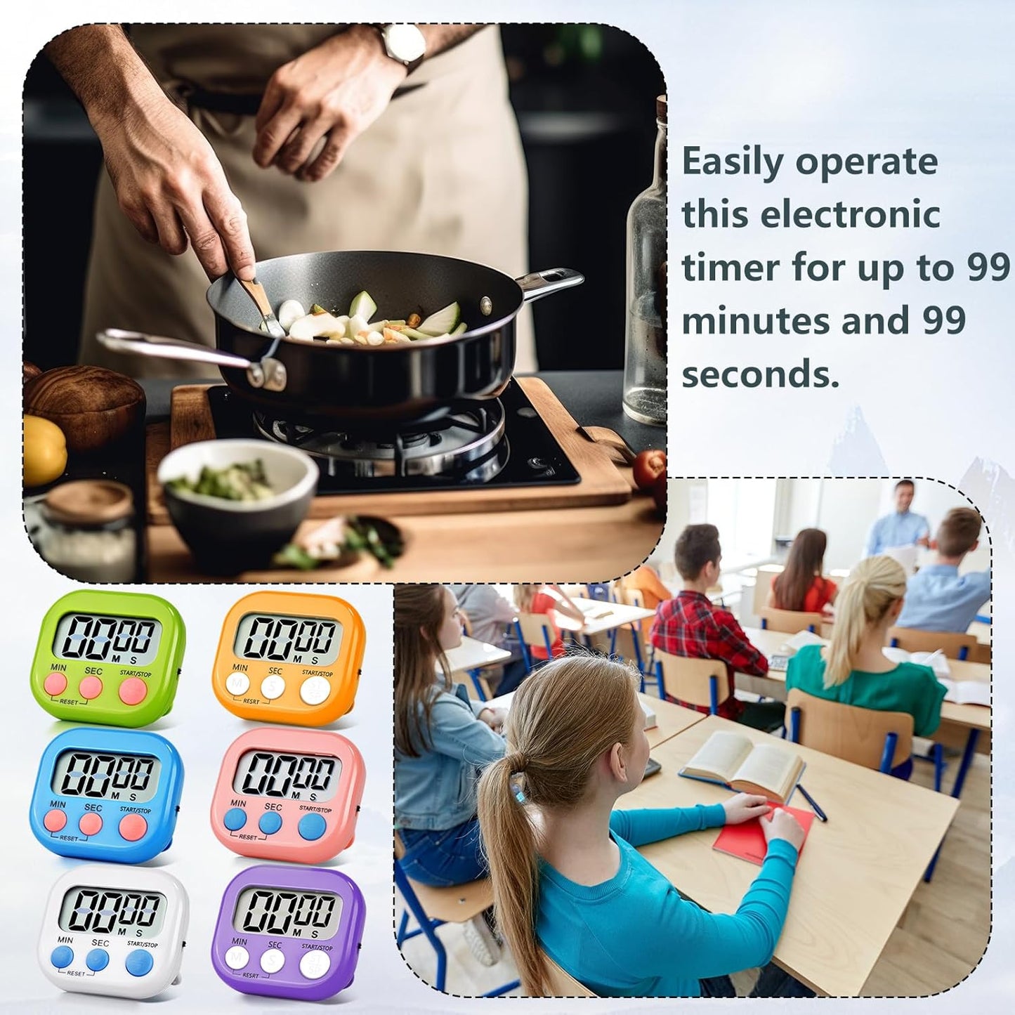 6 Pack Digital Kitchen Timer Magnetic Digital Timer with Big Display Loud Ring Cooking Timers for Cooking, Game, Gym, Break Time, Classroom(6, Multicolor)