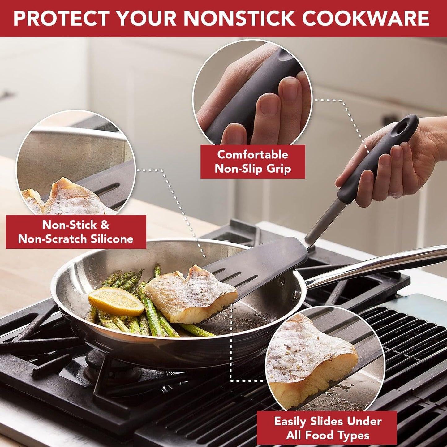 Set of 4 Silicone Spatula Utensils by Boxiki Kitchen. Professional Silicone and Stainless Steel Kitchen Spatula for Cooking, Pancakes, Eggs and Fish.