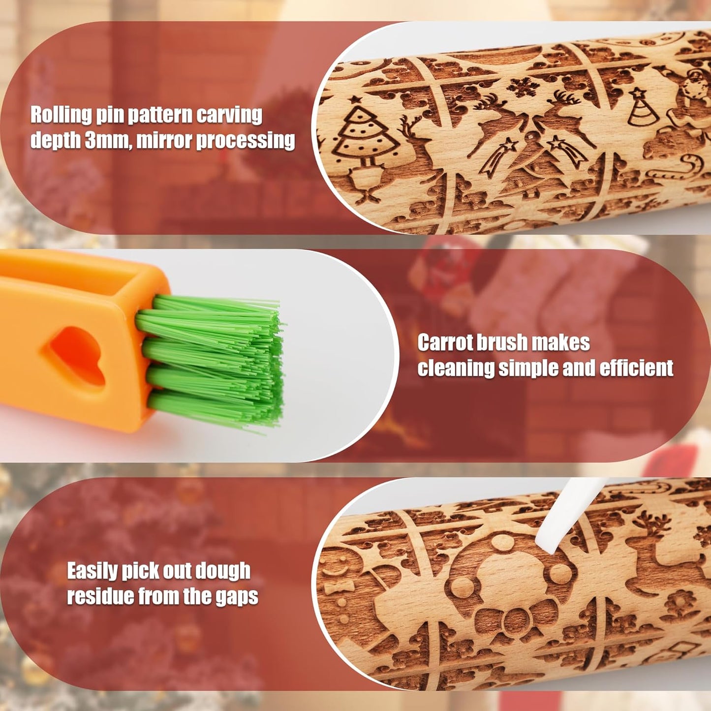 17" Premium Wood Rolling Pin with Stamp Embossed Designs | 3mm Deep Springerle Cookie Molds | Christmas Rolling Pin & Baking Gifts for Women | Includes 3-in-1 Cleaning Brush