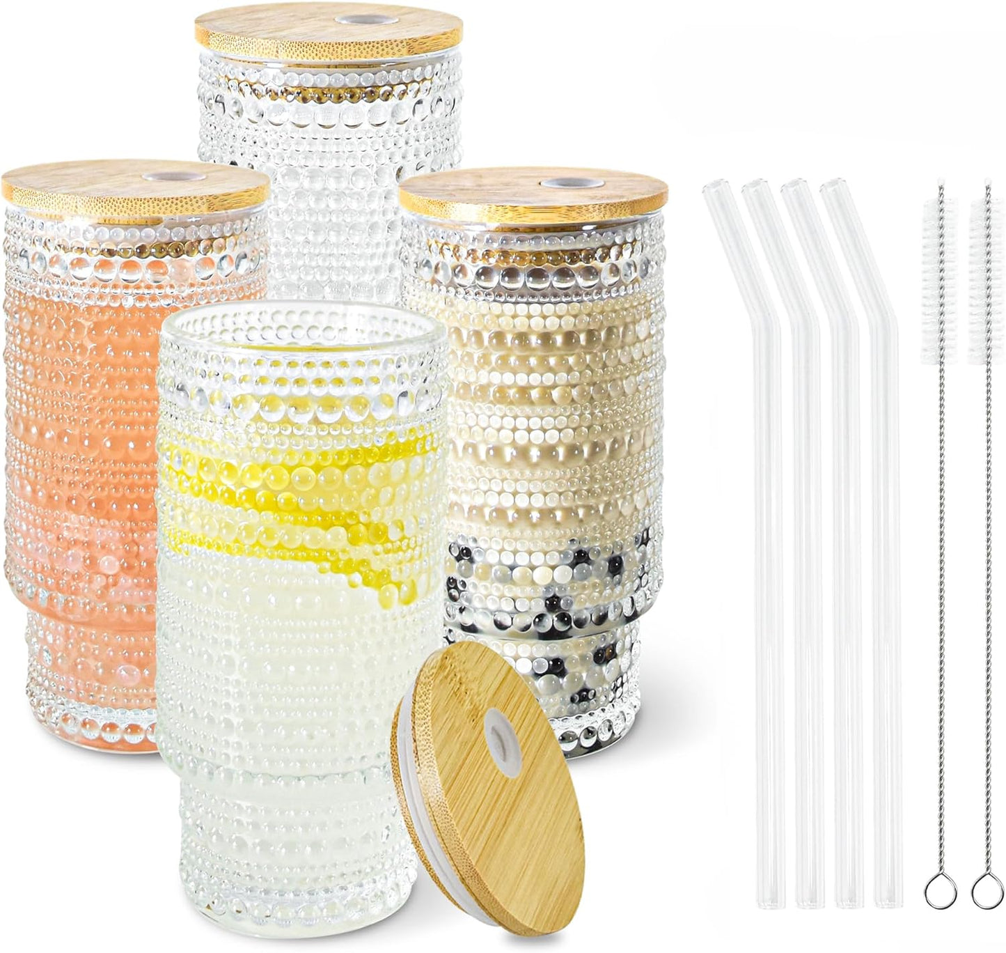 4 Pcs 16 oz Glasses Cups Set with Bamboo Lids Straws Brush Hobnail Glassware Set for Juice Iced Coffee Beer and Cocktail Whiskey