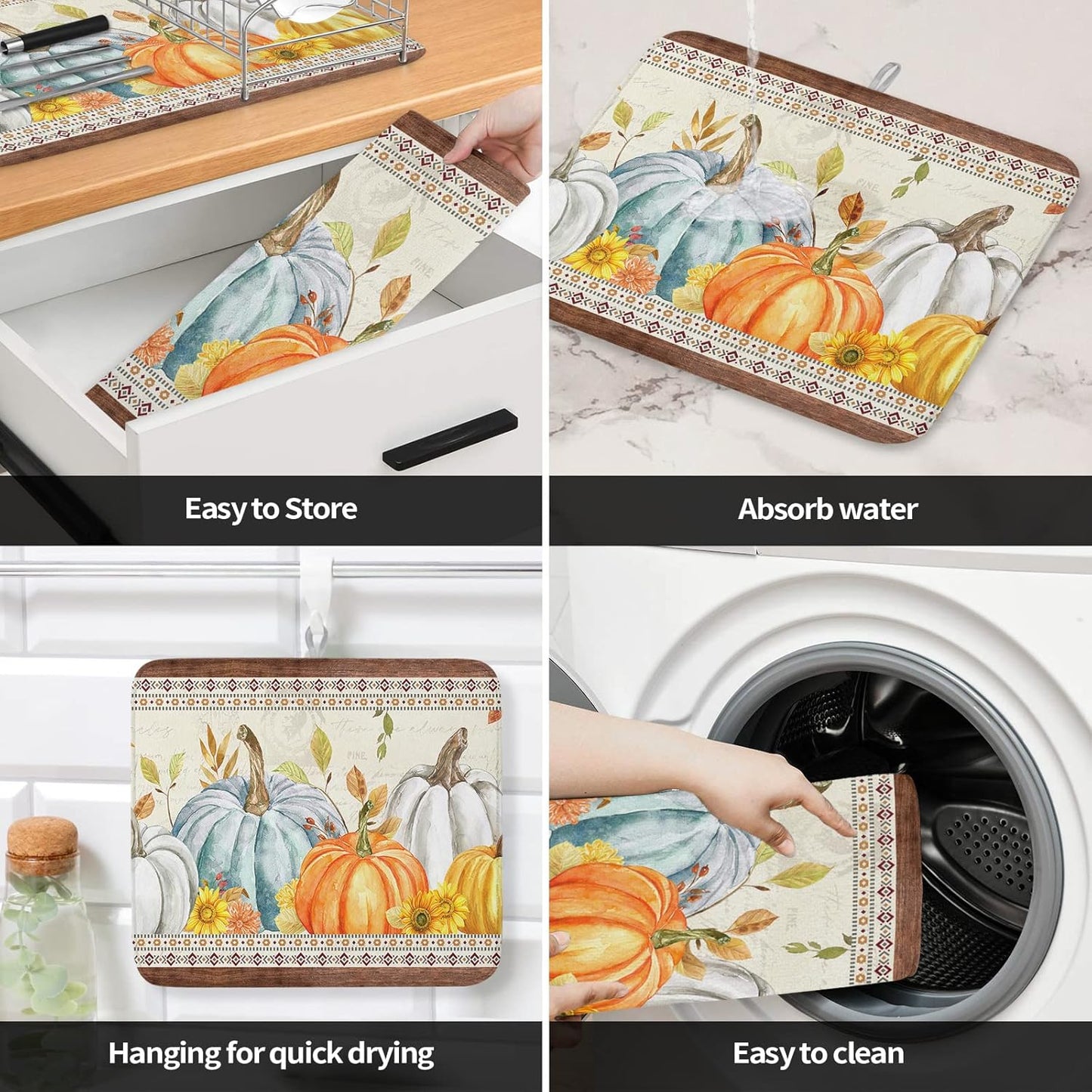 Fall Dish Drying Mat for Kitchen Counter Pumpkin Drying Pad Absorbent Drying Mats for Countertops Sinks Draining Racks Sunflower Eucalyptus Leaves Drainer Holiday Harvest Thanksgiving Decor 16x18