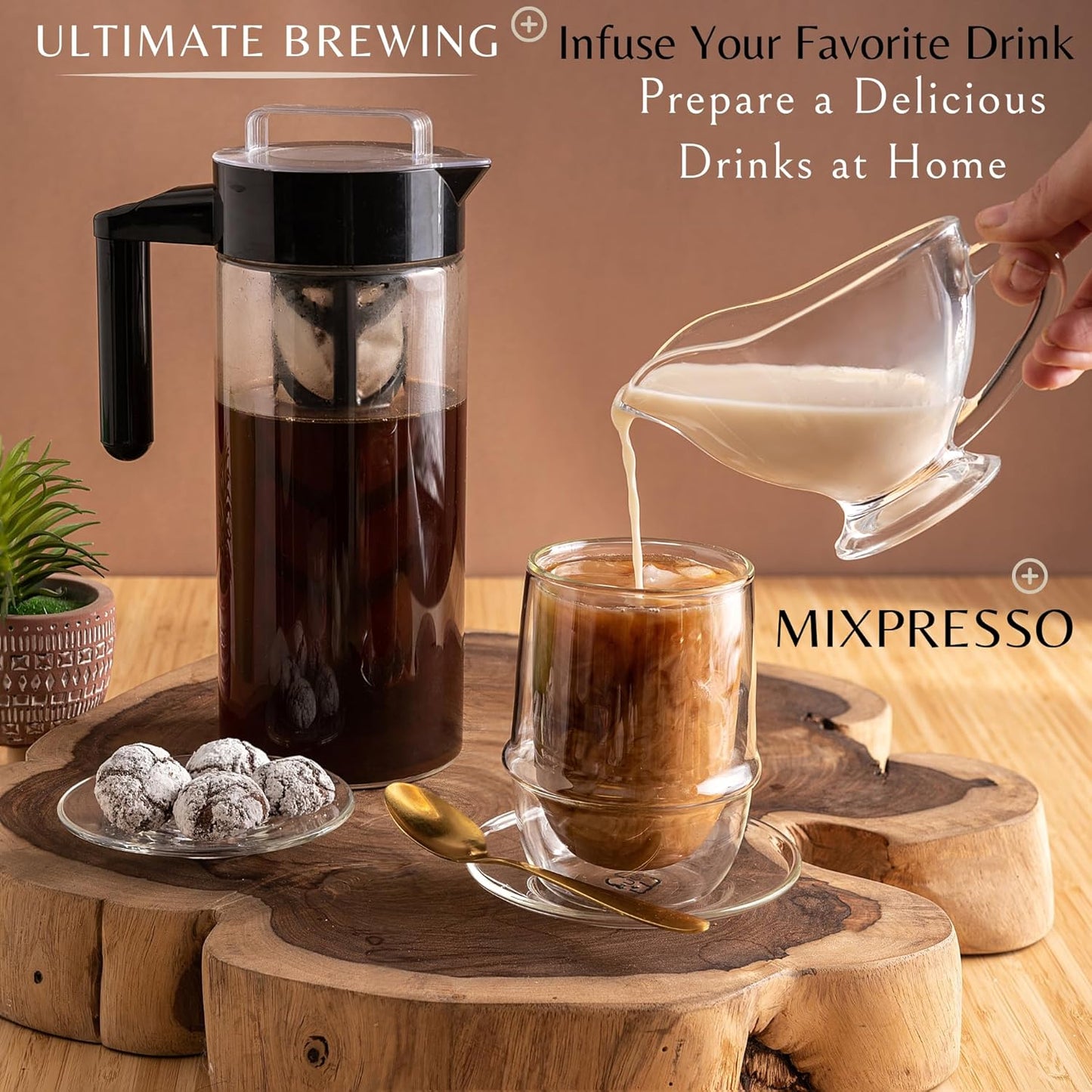 Mixpresso Cold Brew Maker For Iced Coffee and Iced Tea, Cold Coffee Maker Glass Pitcher, Tea Infuser For Loose Leaf Tea, 44oz Large Ice Tea Brewer with Easy to Clean Reusable Mesh Filter.