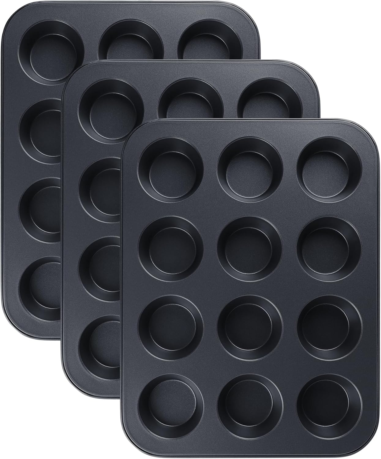 Muffin-Pan for Baking, Nonstick Cake Pan 12 Cups, 3 Pack Cup Premium Cheesecake Pans, Cupcake Baking Pan for Oven 13.2 * 10 * 1.1in Black