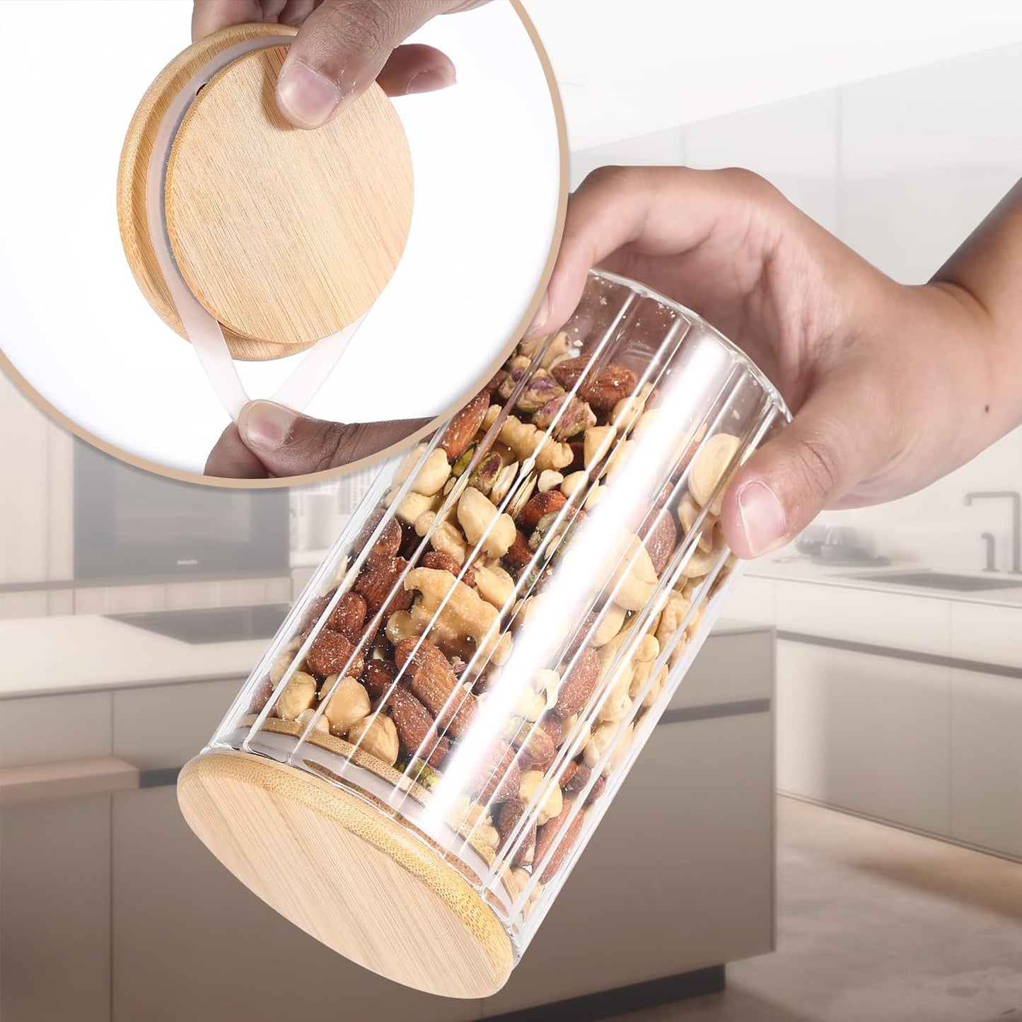 25 OZ Airtight Glass Jars with Bamboo Spoons Lids Overnight Oats Container Decorative Coffee Bar Food Storage Jar Cereal Nuts Salts Coffee Tea Flour Sugar Container Spice Jars (2Pack)