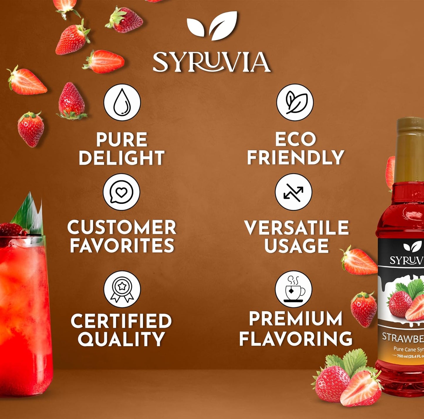 Syruvia Strawberry Syrup (25.4 fl oz) - Sweet Strawberry Bliss in a Bottle – Kosher, Gluten-Free, Ideal for Elevating Your Culinary and Beverage Adventures