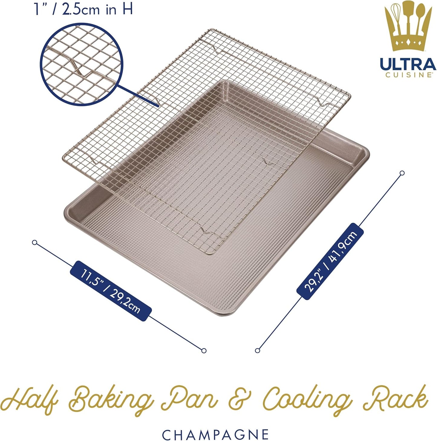 Ultra Cuisine Wire Rack Baking Sheet Pan Set - Half Sheet Pan Set with 100% Stainless Wire Rack - Dishwasher Safe - Steel Reinforced Rim - Aluminum Cooling racks for Cooking and Baking - Champagne