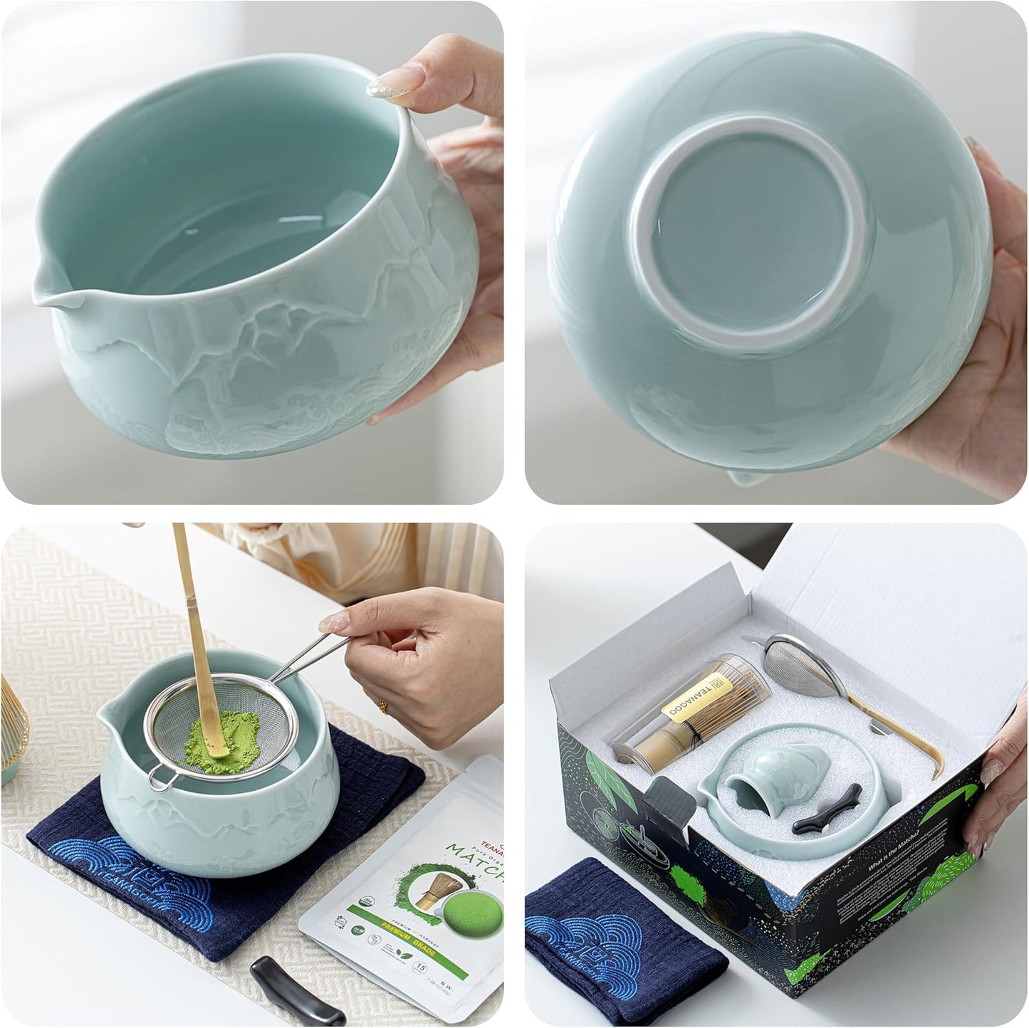 TEANAGOO 7 Pcs Matcha Whisk Set Blue, Ceramic Matcha Set, Matcha Kit for Ceremony, Matcha Tea Set for Making Breakfast/Latte, Tradition Whisk Set and Bowl with Scoop&Sifter, Gift for Friend/Family