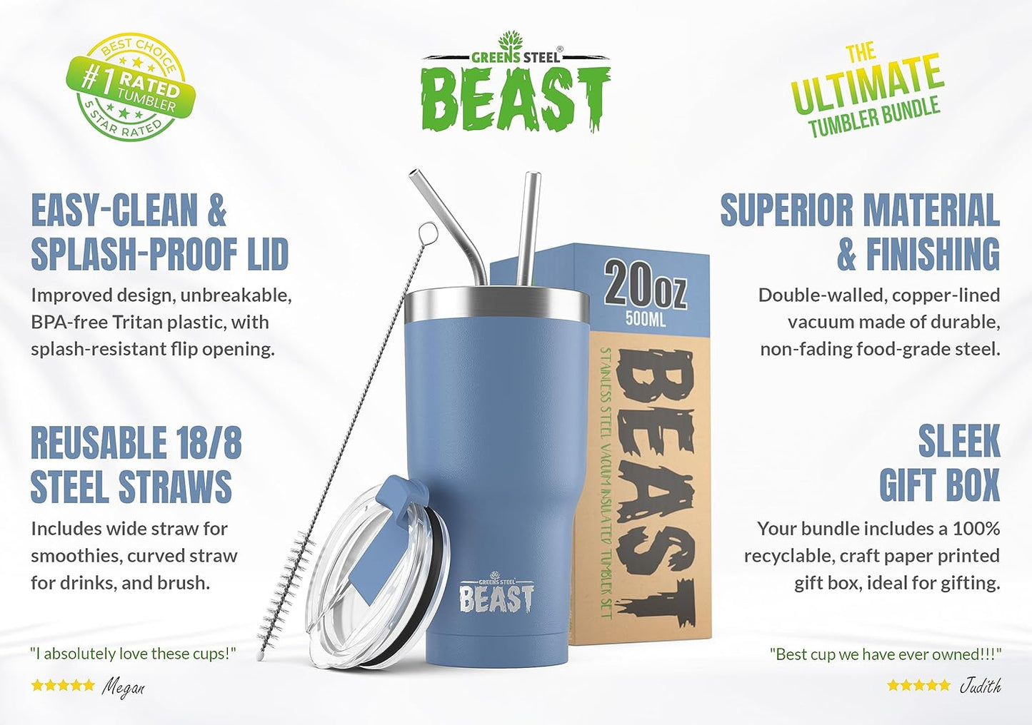 Beast 20 oz Tumbler Stainless Steel Vacuum Insulated Coffee Ice Cup Double Wall Travel Flask (Stormy Sky Blue)