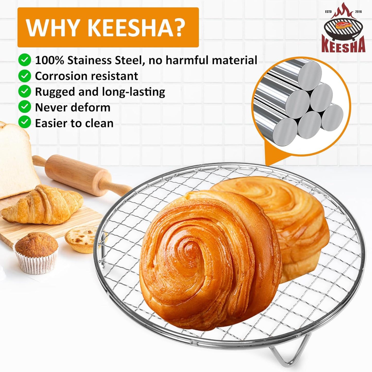 KEESHA 8.3 Inch Cooling Rack - 304 Stainless Steel Dish Rack for Cooking and Baking - Premium Steamer Rack, Canning Rack - Stackable Cake Cooling Rack