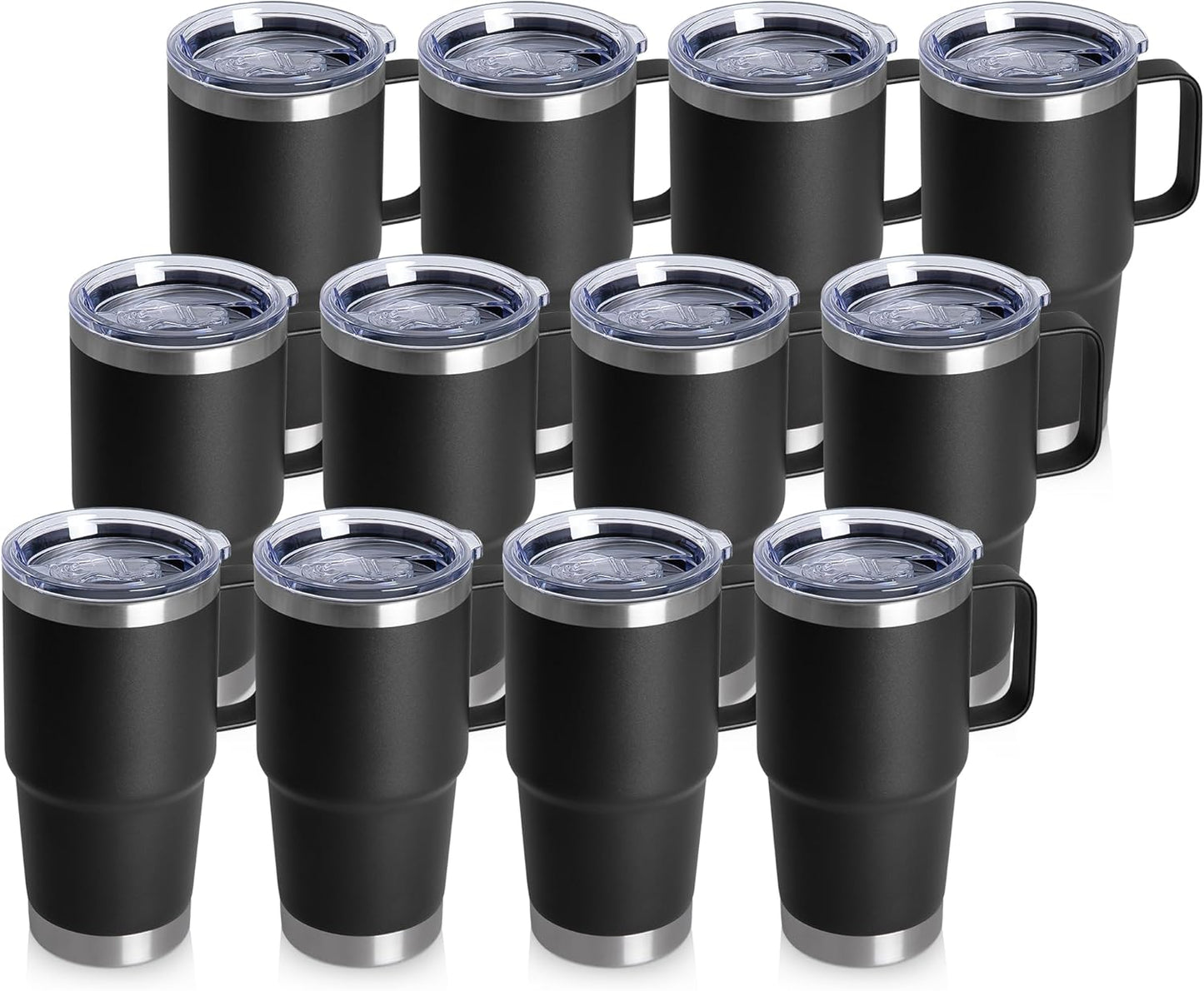 HASLE OUTFITTERS 20oz Tumbler Bulk with Lid, Stainless Steel Tumbler Bulk with Handle, Metal Insulated Travel Coffee Mug Set with Handle, Double Wall Vacuum Leak Proof Tumbler Cup, Black 12 Pack