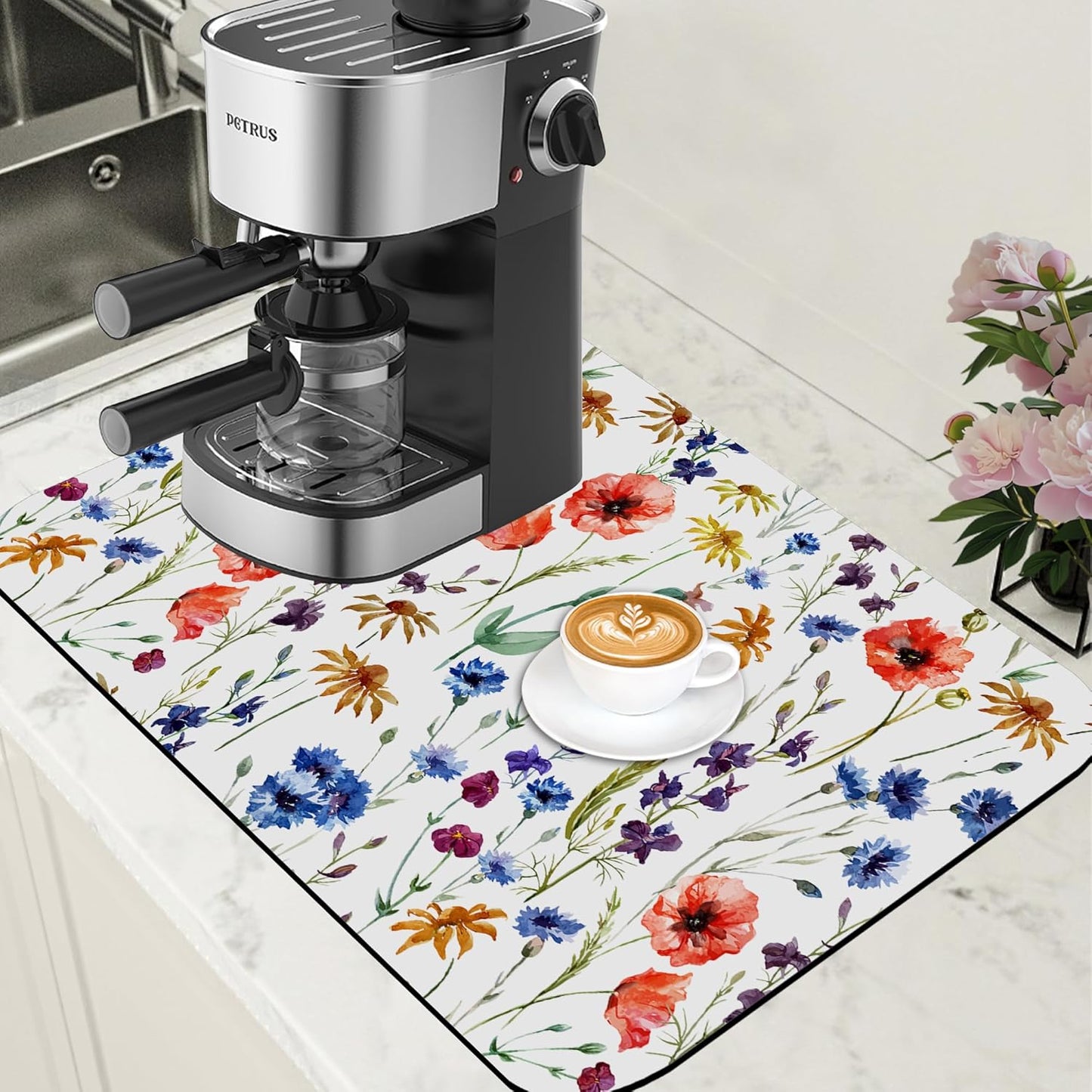 Watercolor Flowers Coffee Mat Daisy Dish Drying Mat for Kitchen Counter Absorbent Hide Stain Rubber Backed Coffee Bar Accessories Fit Under Espresso Machine Dish Drainer 15.7 x 23.6 Inch