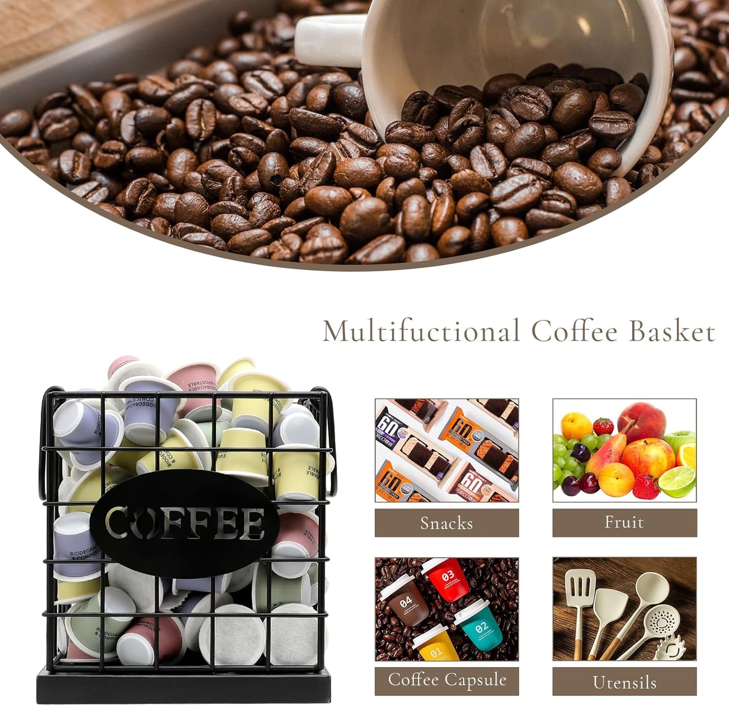 Coffee Pod Holder Organizer,Large Capacity K Cup Holder Organizer, Storage Basket for Kitchen Countertop Office Coffee Bar with Wooden Base(Rustic Black-Square)