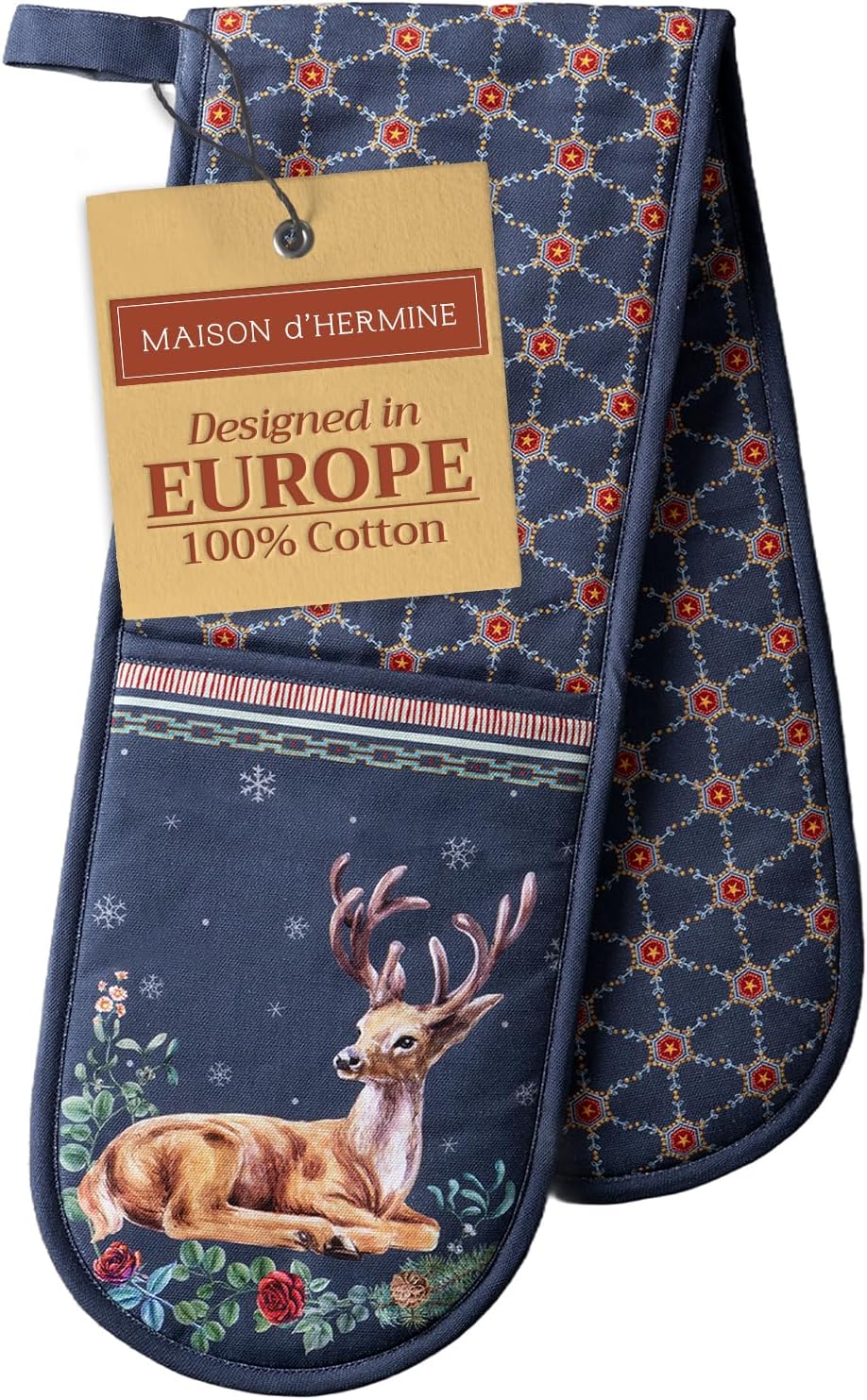 Maison d' Hermine Double Oven Mitts 100% Cotton 7"x35" Double Oven Mitt Heat Resistant BBQ Cooking Gloves with Loop, Baking, Grilling, Home, Kitchen, Handling Hot Pans (Christmas Joy)