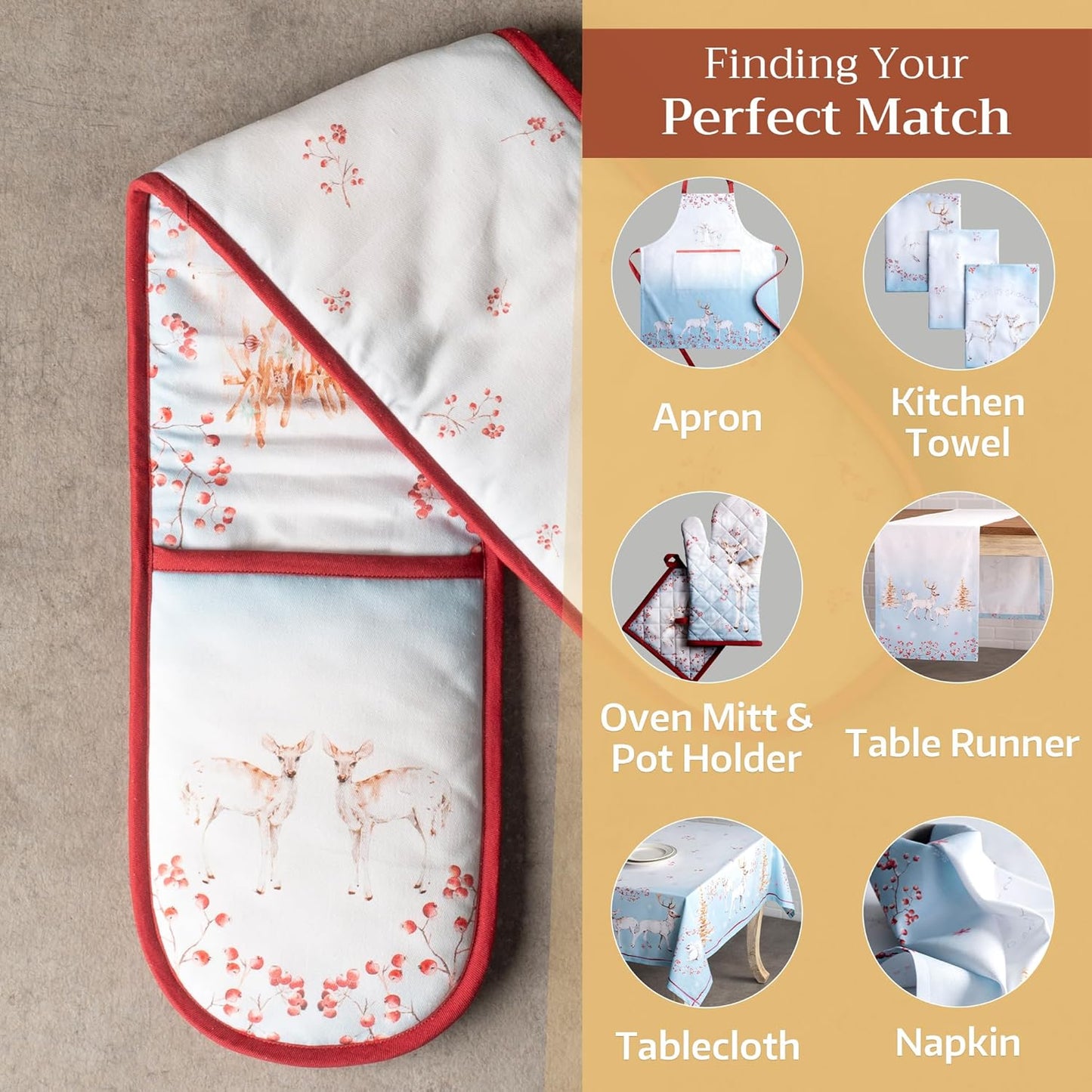 Maison d' Hermine Double Oven Mitt 100% Cotton Heat Resistant Cooking Gloves with Loop, Baking Barbeque, Handling Hot Pan, Fairytale Forest - Thanksgiving/Christmas (7 Inch x 35 Inch)