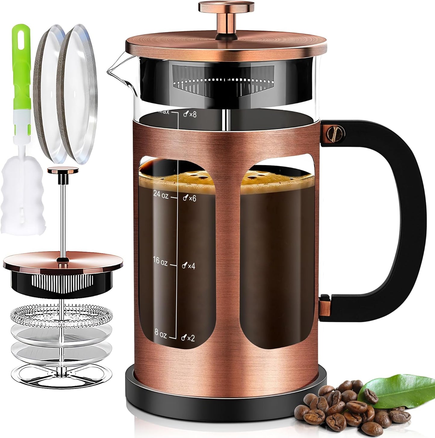 French Press Coffee Maker (34oz 1Quart 5-6Cup) Coffee Press, with 4 Filters System, Heat Resistant Thickness Borosilicate Glass, Cold Brew Coffee Tea Pot Gifts (Copper)