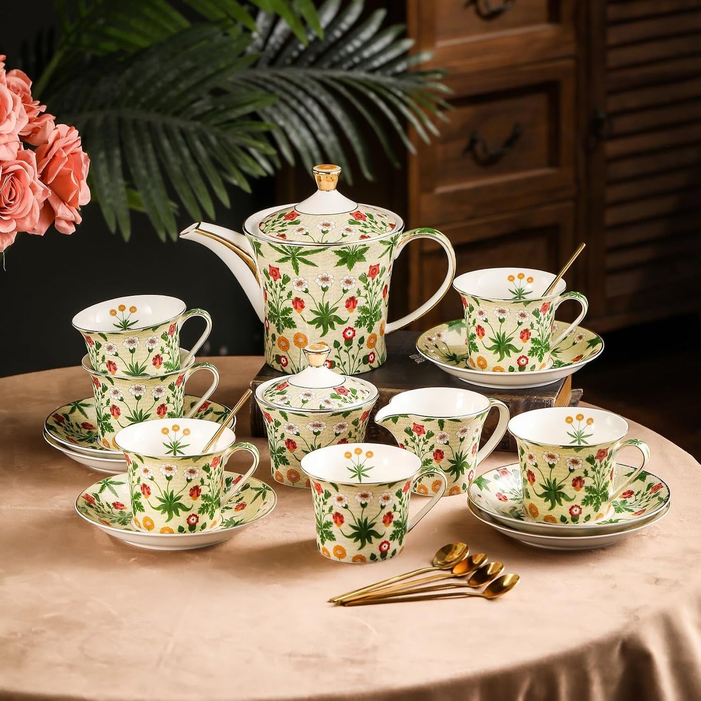 ACMLIFE Tea Set for Adults- Fine China Tea Set for 6, 21-Piece Vintage Coffee Set English Porcelain Tea Pot Sets for Adult Tea Party for Women Gift (Yellow ZF, Extra Large 21)