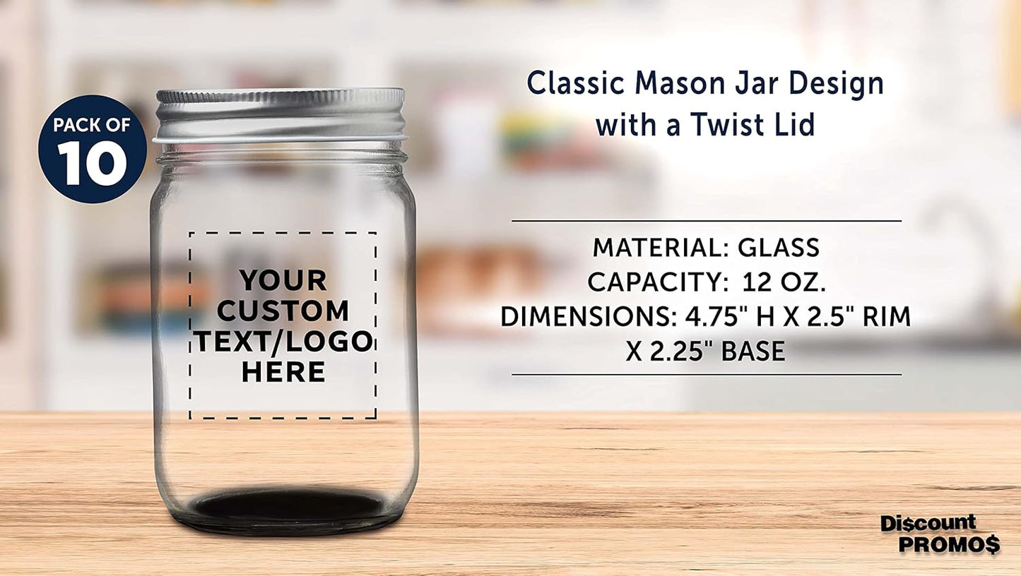 DISCOUNT PROMOS 10 Decorating Mason Jars Set, 12 oz. - Customizable Text, Logo - Canning, Aluminum Lid - Black