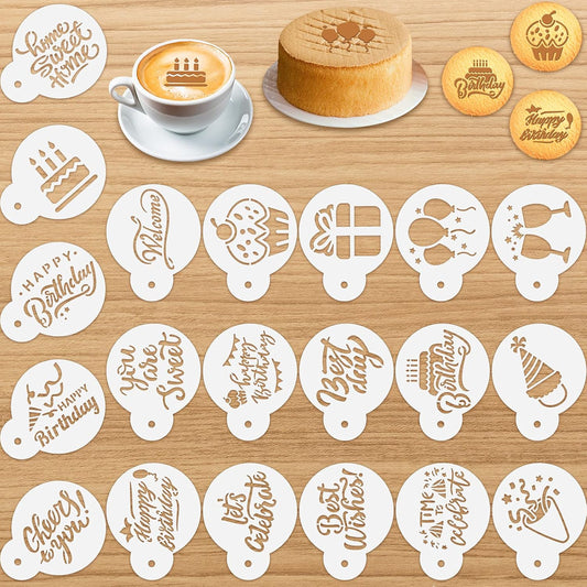 20 Pieces Birthday Cookie Stencil Templates Decoration Cookie Stencil for Birthday Coffee Cake Templates Reusable Painting Mold Tools, Dessert, Coffee Decorating Mold(Cake Style)