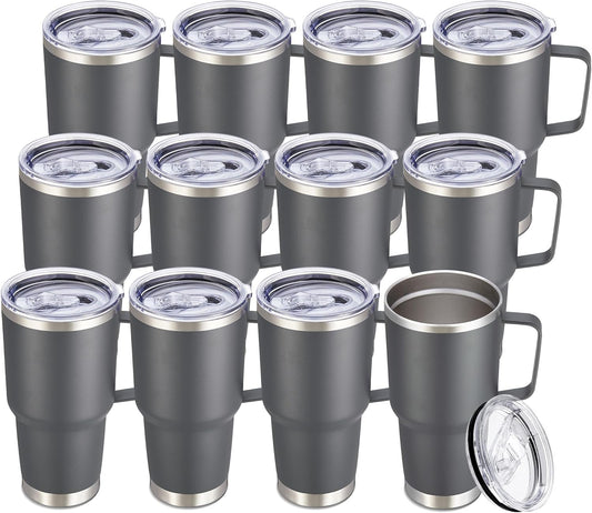 30 oz Tumbler with Handle and Lid, Stainless Steel Tumblers Bulk Double Wall Vacuum Insulated Travel Mug Leak Proof Cup Keep Drinks Cold and Hot Grey, 12 Pack
