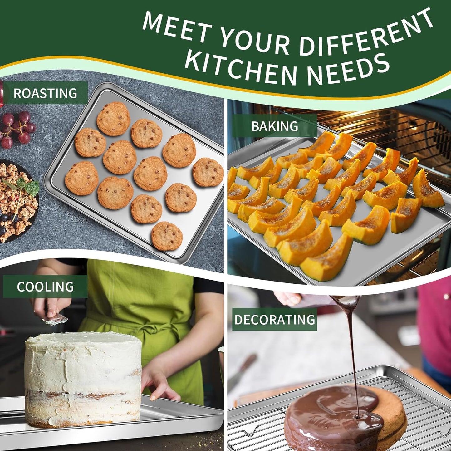 CEKEE Baking Sheet and Cooling Rack Set, 4PCS Stainless Steel Cookie Sheets for Baking with Baking Rack, Non Toxic & Heavy Duty & Easy Clean Baking Pan Tray for Toaster Oven, Size 18 x 12 x 1 Inch