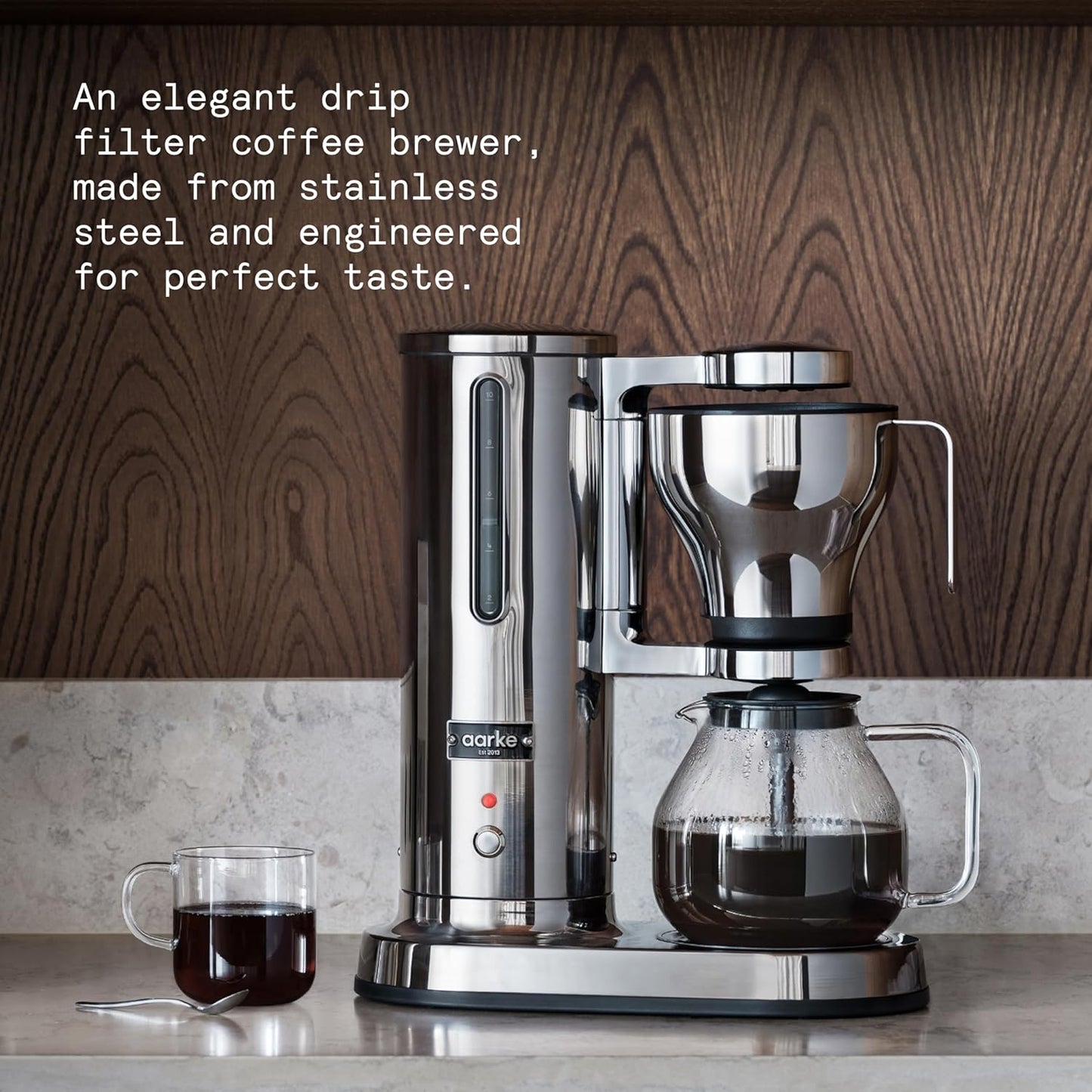 aarke Coffee Maker - Electric Drip Brewer with Automatic Drip-Stop, SCA-certified, Stainless Steel with 10 Cup/ 42 fl oz, Glass Carafe, Brews Full Pot in Under 6 Minutes