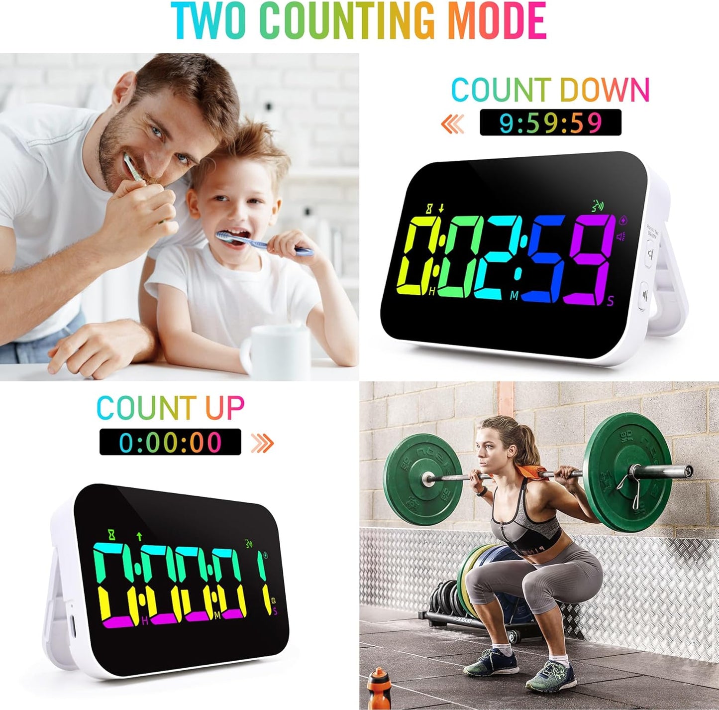 TXL Kitchen Timer for Cooking, Rechargeable Digital Magnetic Timer with Large LED Display, Loud Alarm, Sound Countdown, 4 Volume Levels and 3 Brightness for Classroom, Study (RGB)