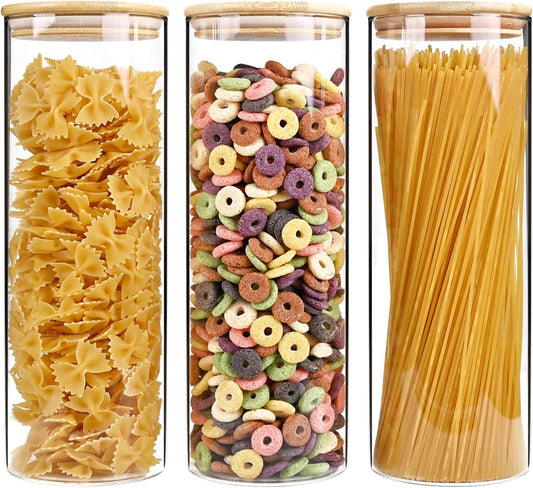73oz Glass Pasta Storage Jars, Tall Glass Jars with Bamboo Lids, Spaghetti Container, Set of 3, Kitchen Storage Containers for Pasta, Pantry Organizers