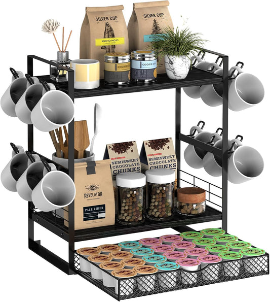 Coffee Bar Organizer, 3 Tier Station for Countertop, Mug Cup Holder Stand With 28 K Cup Storage and 12 Hooks for Kitchen, Home & Office, Black