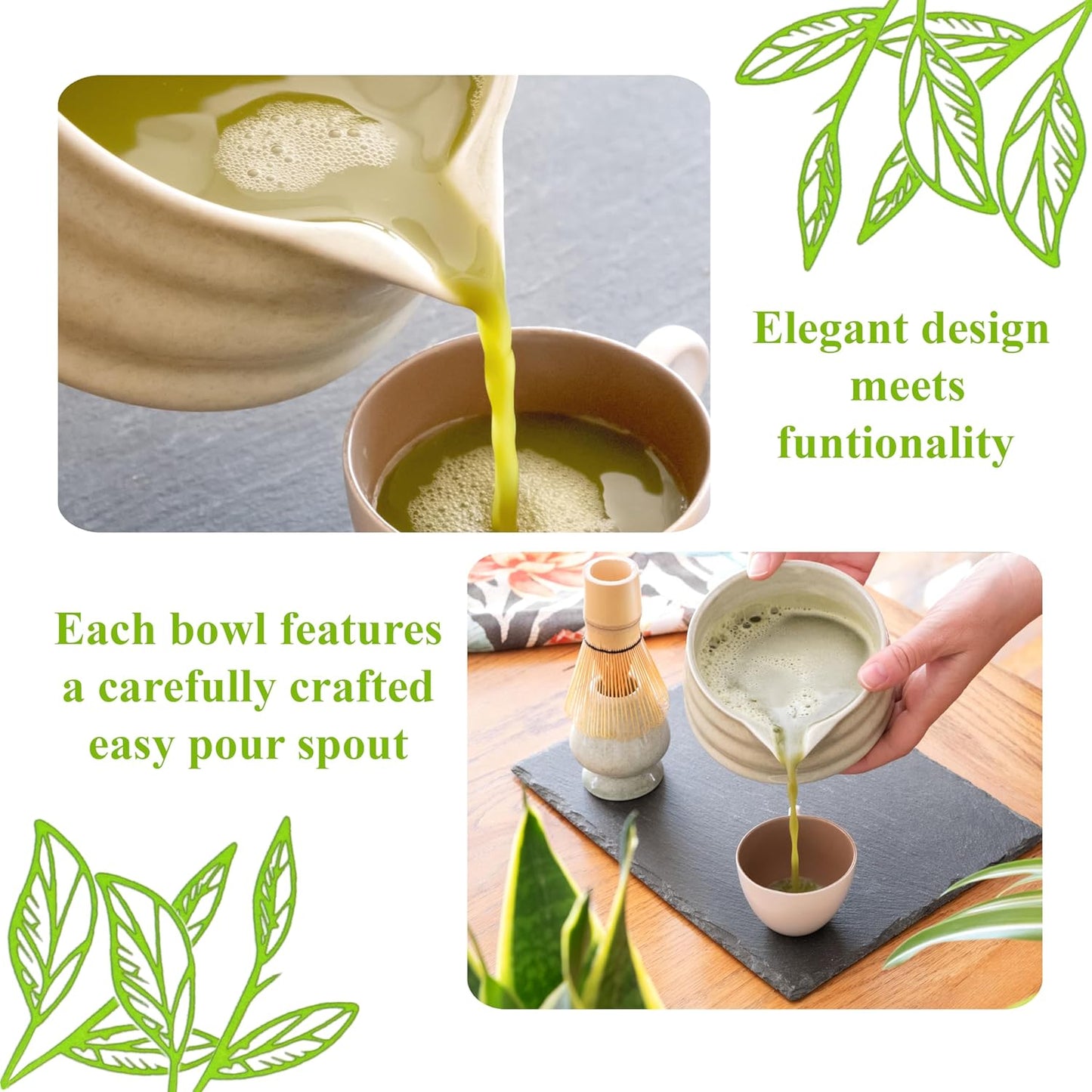 Marce Matcha Whisk Set- Matcha Set includes Matcha Whisk and Bowl (Bowl with Spout), Sifter, Holder and Scoop- The Perfect Bamboo Whisk for Matcha Tea (Molted Green)