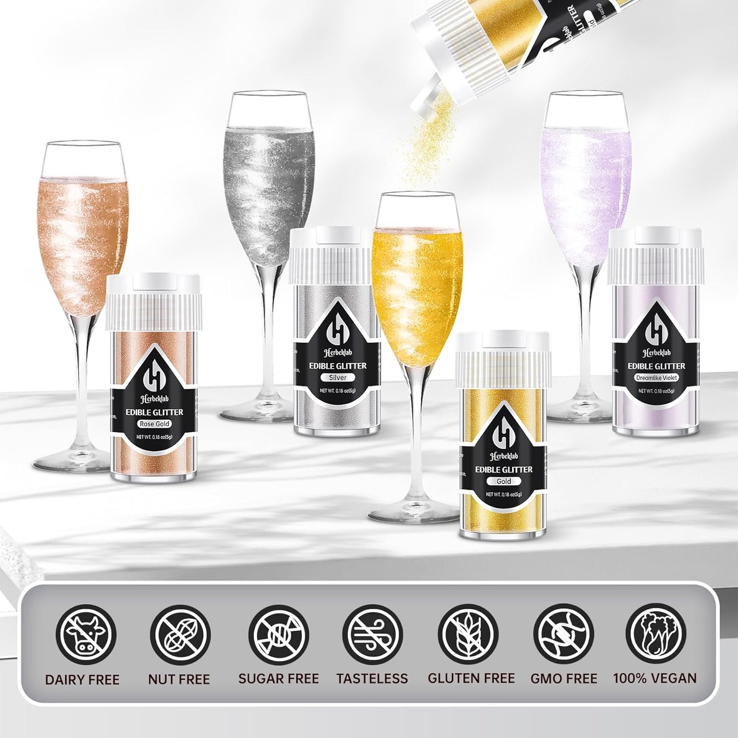 Edible Glitter for Cocktails - 4 Colors Gold Luster Dust Edible Drink Glitter Food Grade Metallic Shimmer Powder Cake Sprinkles for Beverage Chocolate Candy, 5g/Bottle