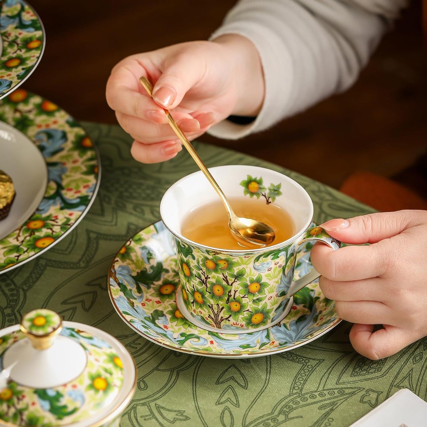 ACMLIFE Tea Set for Adults- Fine China Tea Set for 6, 21-Piece Vintage Coffee Set English Porcelain Tea Pot Sets for Adult Tea Party for Women Gift (Fruits Green, Extra Large 21)