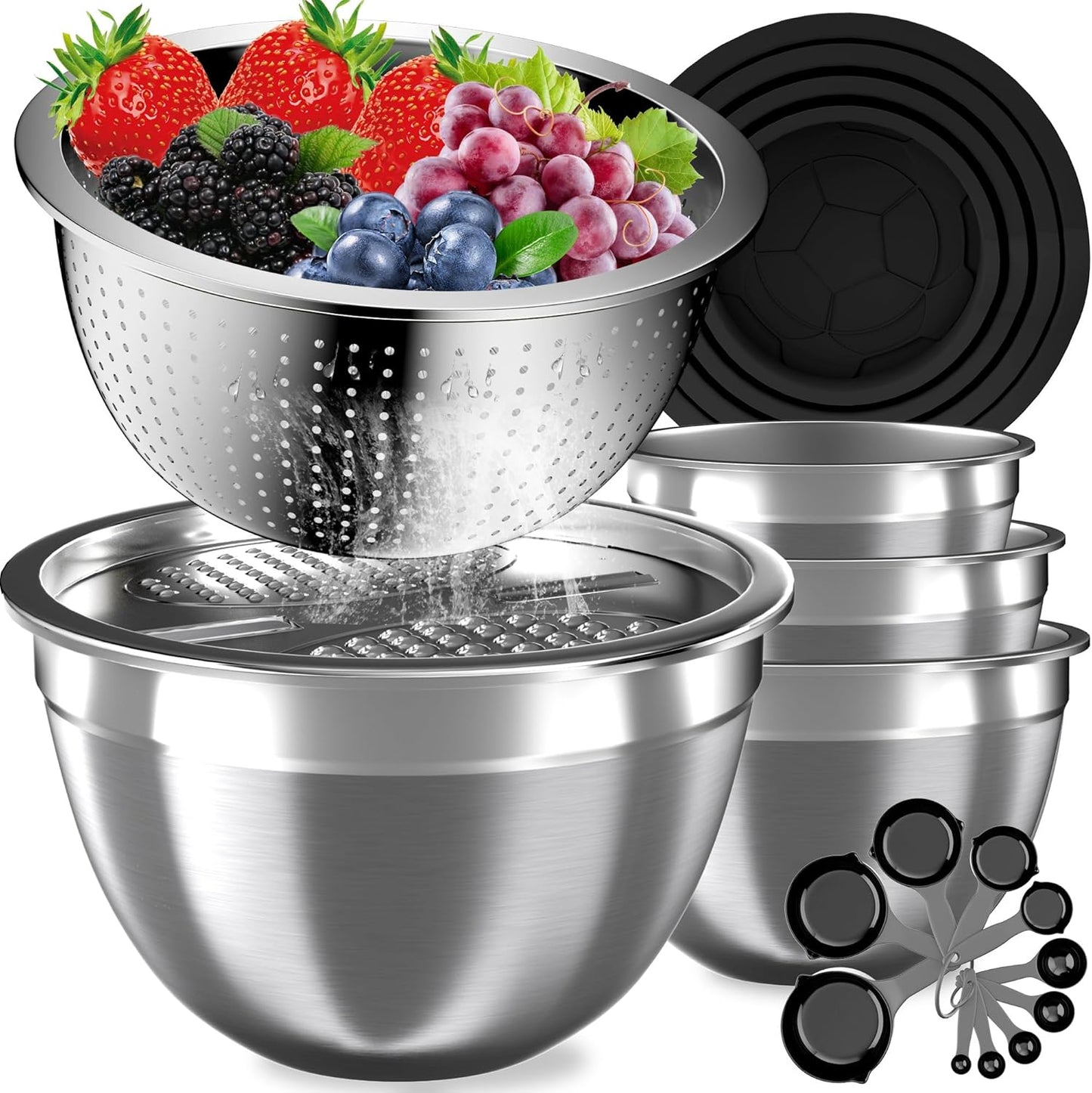 Mixing Bowls with Lids Set, 16PCS Stainless Steel Mixing Bowls,Nesting Storage Bowls for Kitchen with Mixing Bowl, Colander, Strainer & Grater, Metal Salad Bowl for Kitchen Gadgets, Black