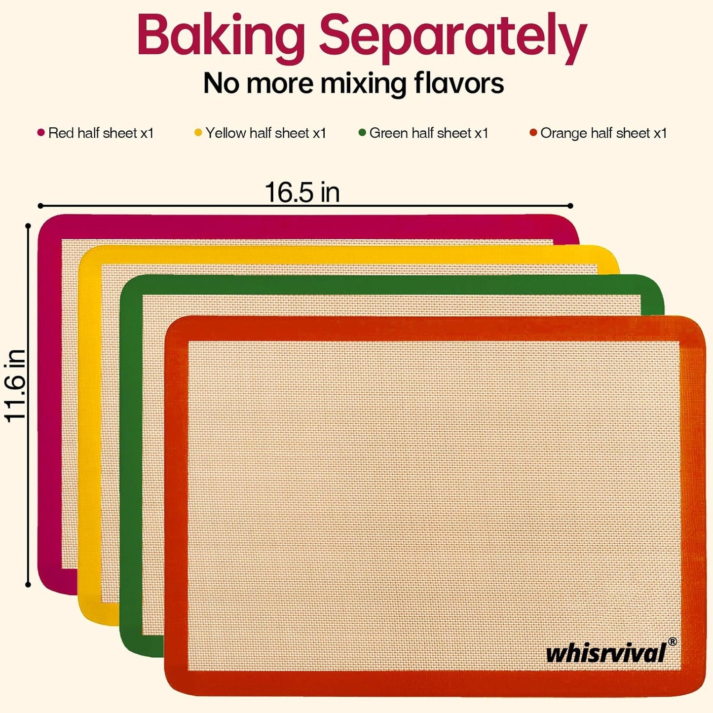 4 Pcs Half Sheet Silicone Baking Mat, Non-Stick, Food Safe Silicone Mats for Baking Cookies, Macarons, Vegetables, 480℉ Heat Resistant (Red&Yellow&Green&Orange)