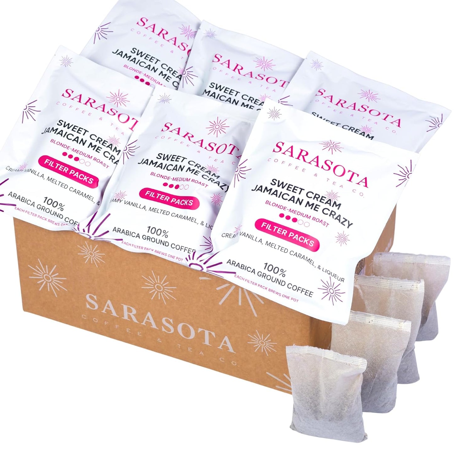 Ground Flavored Coffee In Filter Packs | Sweet Cream Jamaican Me Crazy | Medium Roast Low Acid Mold Free Pouches | Highest Rated Gourmet Bulk Individual Premeasured Packets for 10-12 Cup Drip Maker