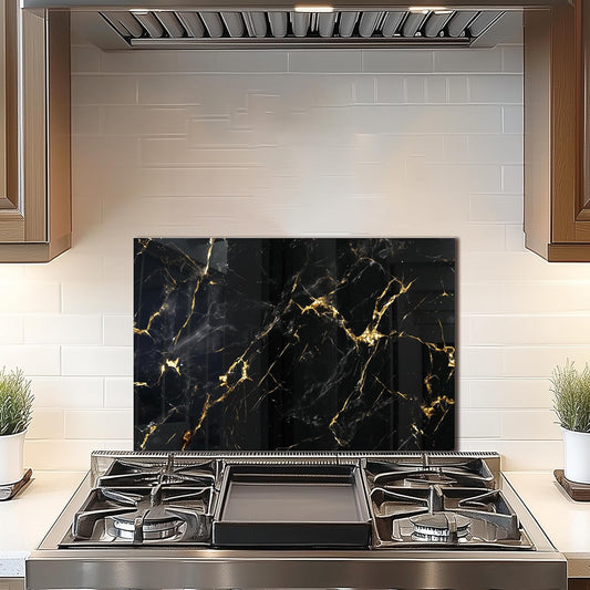DAIFURONGE Tempered Glass Backsplash For Kitchen Behind Stove,Black Marbling Stove Backsplash Top Cover,Easy to Clean Glass Splashback, Sink Cover Splash Guard,Home Kitchen Wall Decor (23.62"x15.75"(60x40cm))