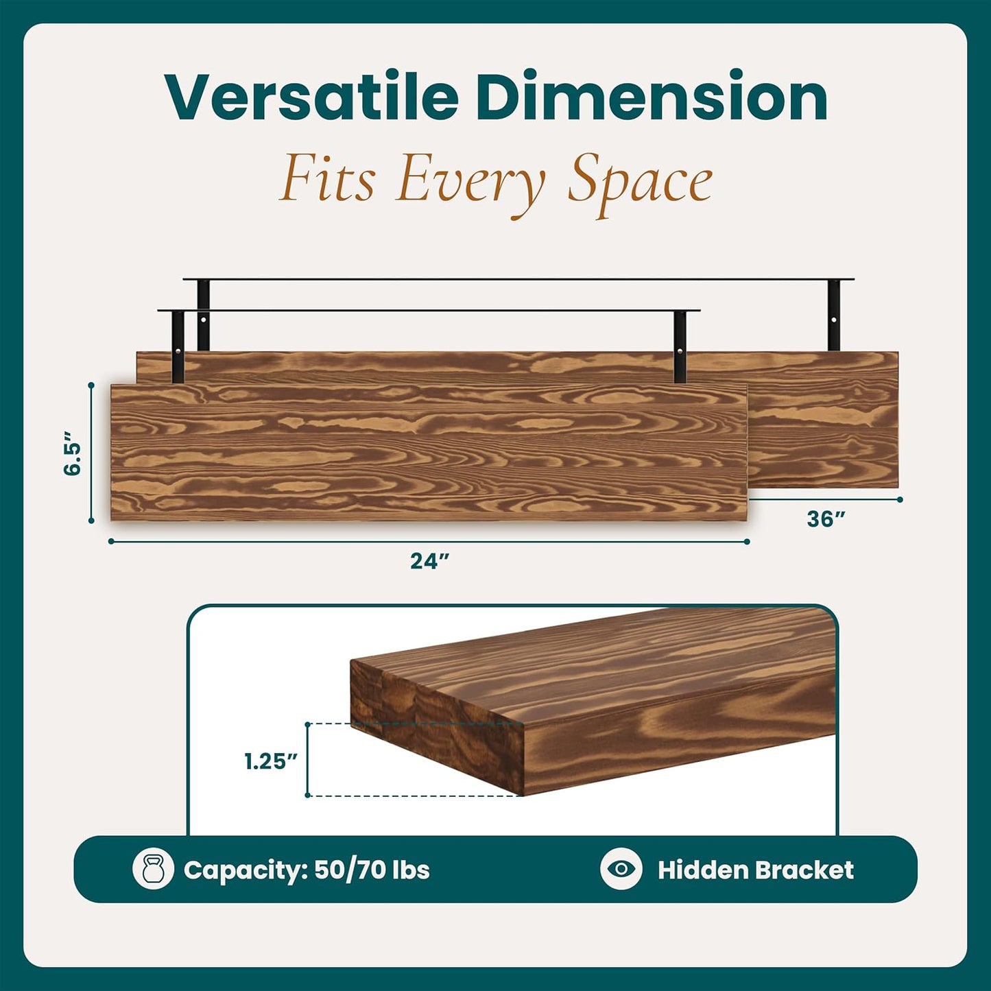 24'' Pine Wood Floating Shelves for Wall- Set of 2 - Rustic Wall Mounted Wooden Shelf for Stylish Home Décor (Light Walnut, 24x6.5x1.25), 2pcs