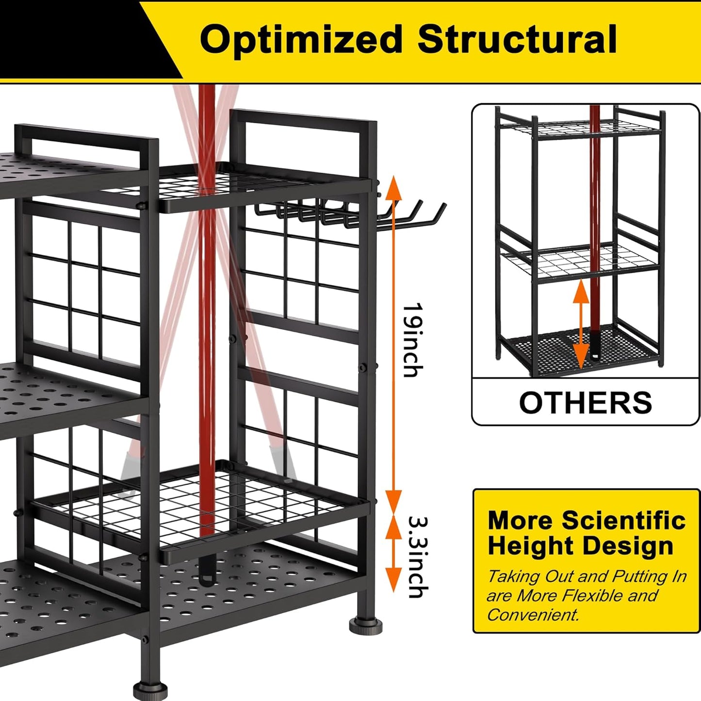 GIOTORENT 6 Tier Garden Tool Organizer, Garage Storage and Organization, Metal Yard Tools Storage Rack, Heavy Duty Garden Tool Organizer for Garage, Yard, Patio, Shed, Indoors and Outdoors, Black
