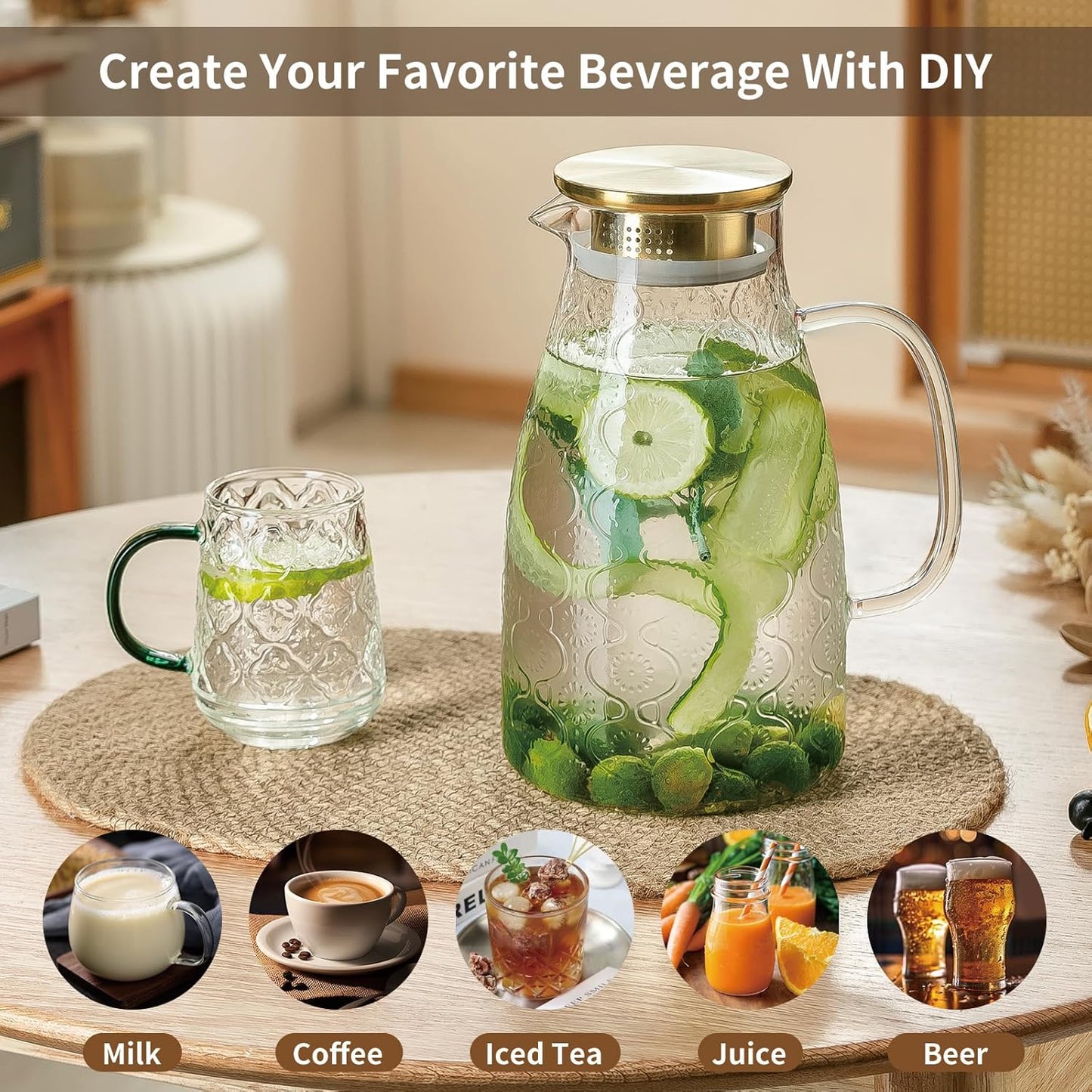 Glass Pitcher with Lid and Handle, 2 PACK 68 oz/2 Liter Vintage Flower Design Fridge Water Pitcher, Borosilicate Glass Water Carafe for Hot/Cold Water,Coffee,Iced Sun Tea,Heat Resistant