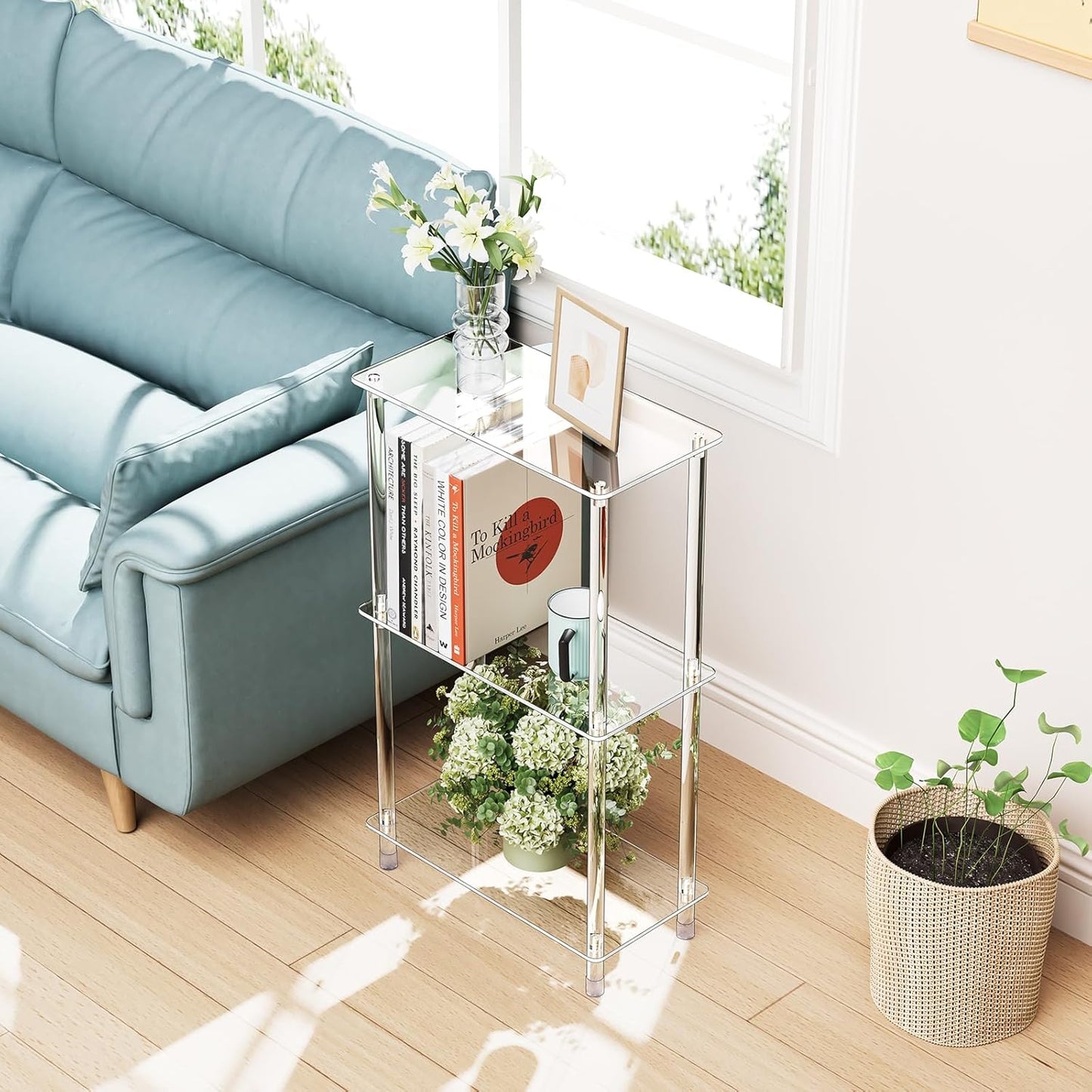 Clear Acrylic Narrow Side Table for Small Spaces, 15.75" L x 7.87" W x 26.7" H, 3 Tier Rectangle Slim End Table Nightstand, Small Mini Skinny Bedside Table for Bedroom, Bathroom, Living Room