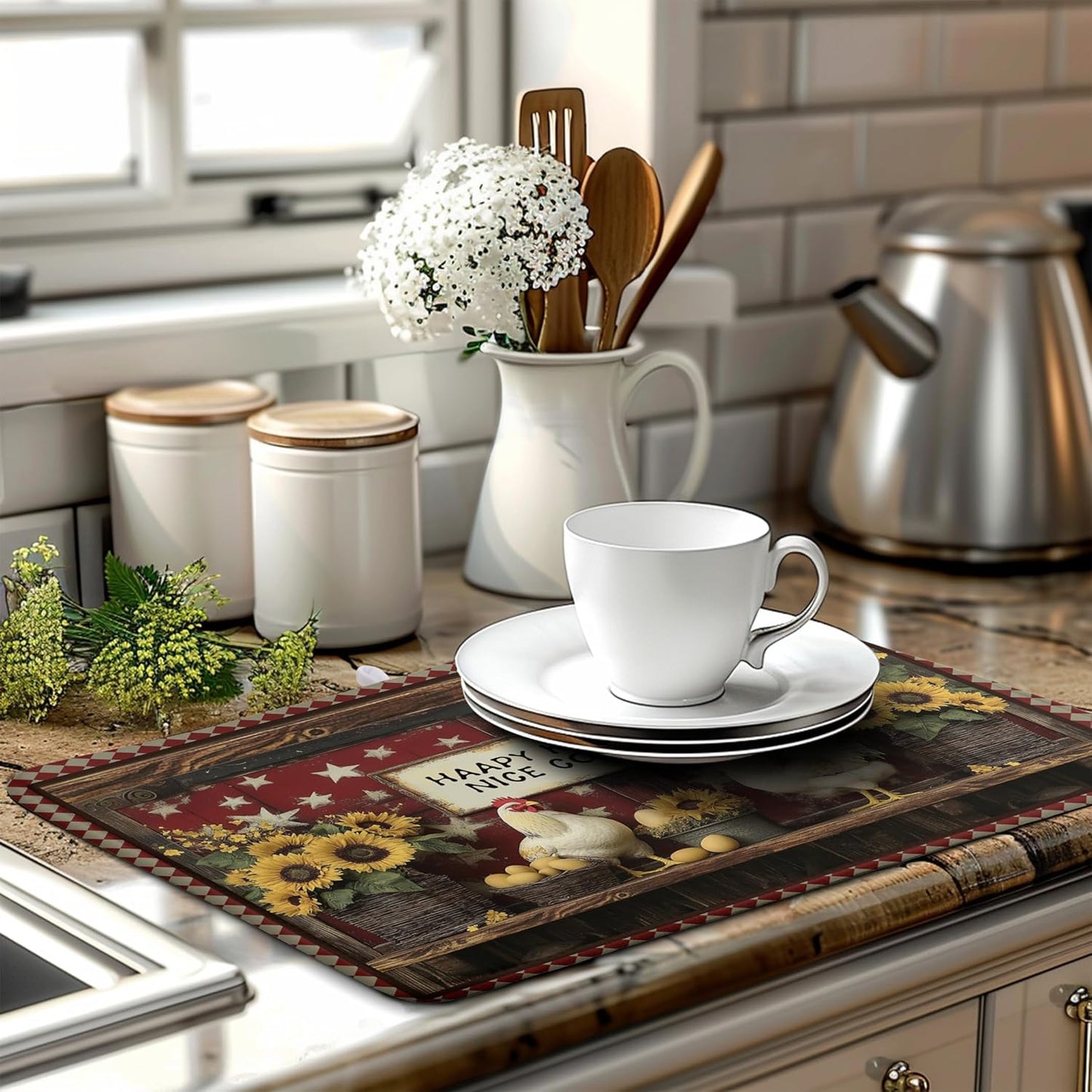 Vintage Rooster Dish Drying Mat Farmhouse Summer Sunflower Kitchen Dish Drying Pad Absorbent Fall Dish Dryer Mat for Kitchen Countertops Microfiber Dishes Drainer Pad Dish Drying Rack Mat (18x24 in)