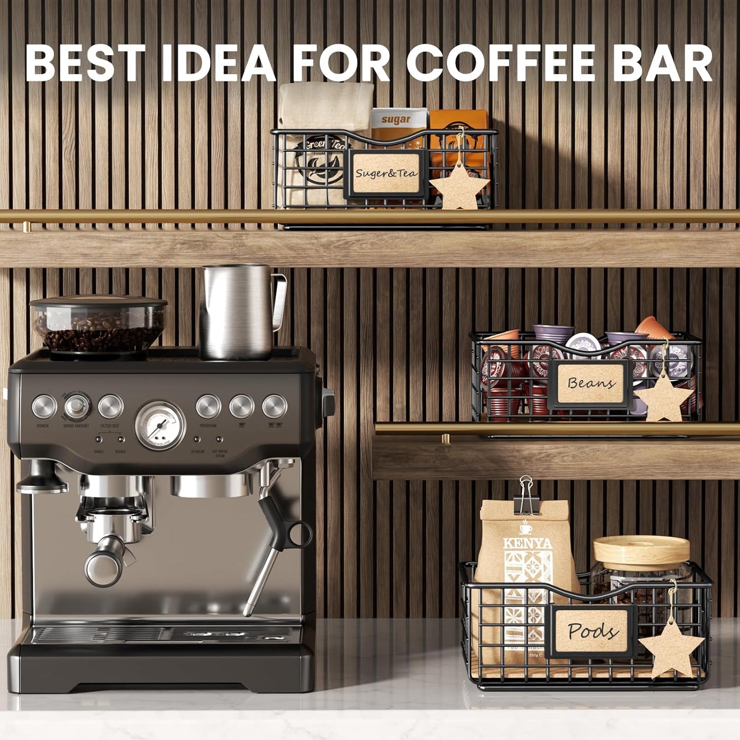 Coffee Pod Holder for Counter and Bar - Large Capacity Black Wire Storage Organizer With Cork Liner - Bar Accessories