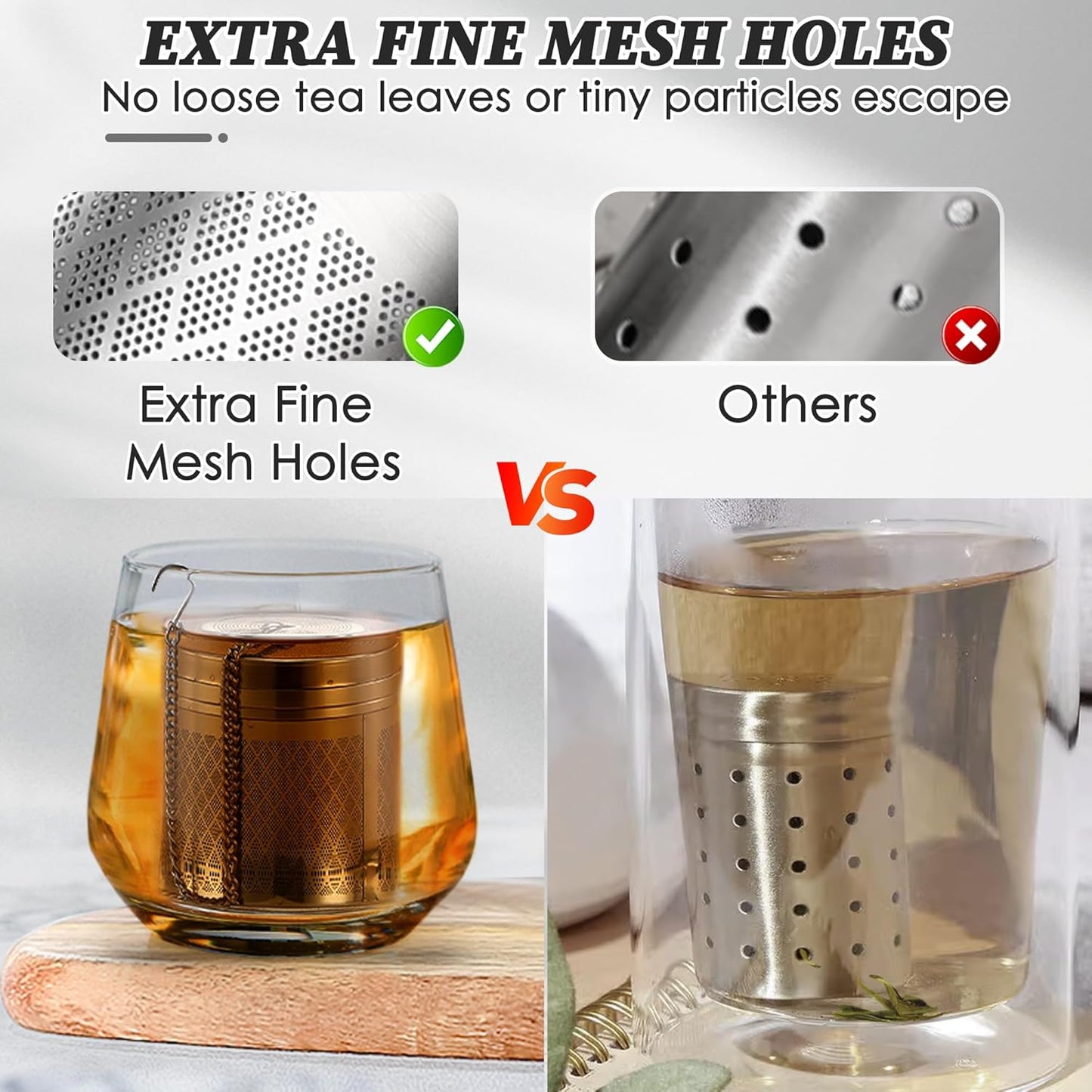 Tea Infusers for Loose Tea, Extra Fine Mesh Tea Strainers, 18/8 Stainless Steel Loose Leaf Tea Steeper Tea Diffusers with Extended Chain Hook and Drip Tray 1 Pack