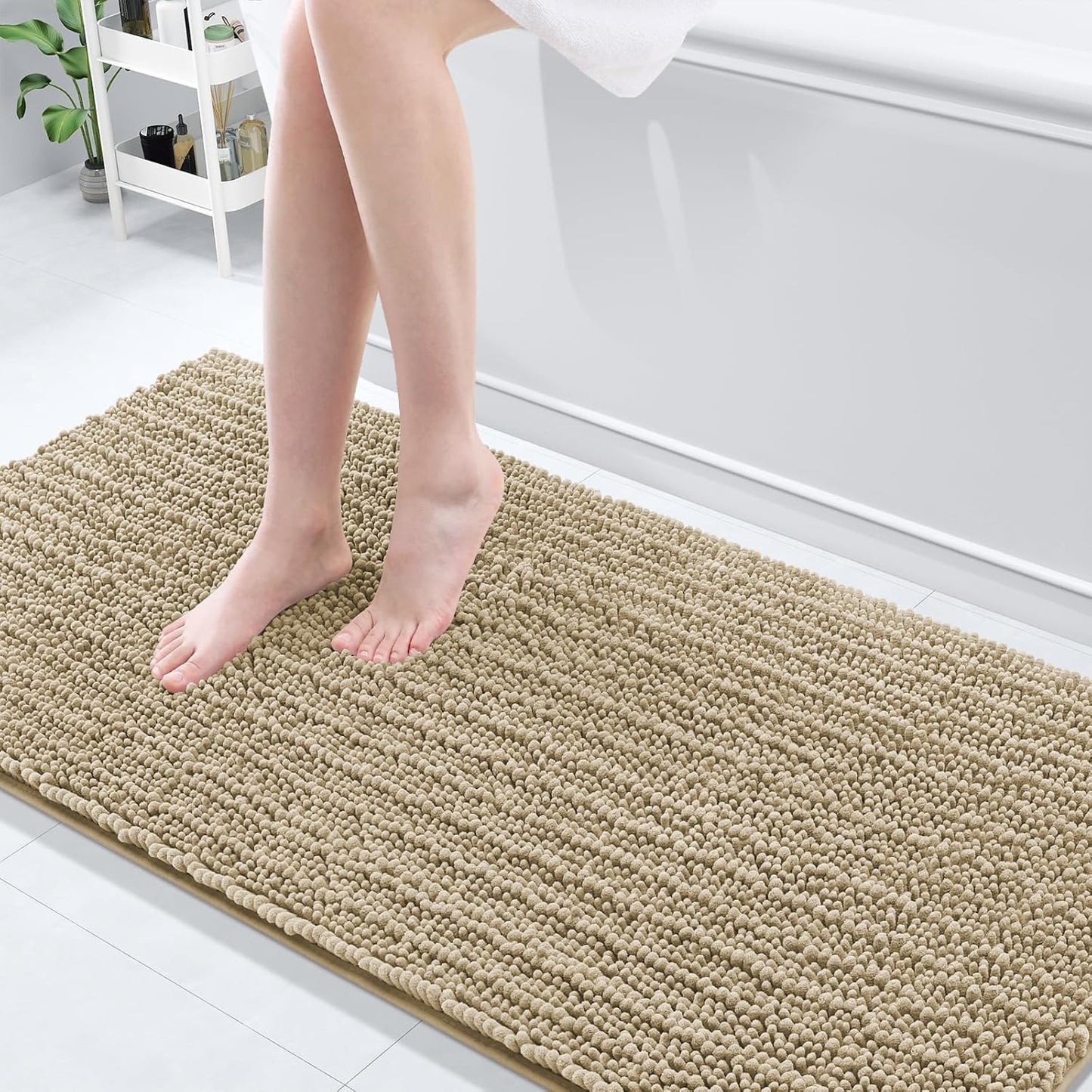 Arotive Luxury Chenille Bathroom Rug Mat, Extra Soft Thick Absorbent Shaggy Bath Rugs, Non-Slip Machine Wash Dry, Plush Bath Mats for Bathroom, Shower and Tub, 70x24, Beige