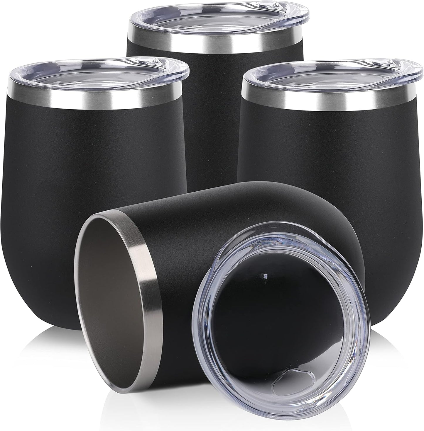 DOMICARE Stainless Steel Wine Tumbler Bulk with Lid, Personalized Insulated Tumblers Set, 12oz Travel Coffee Cups Pack of 4, Black