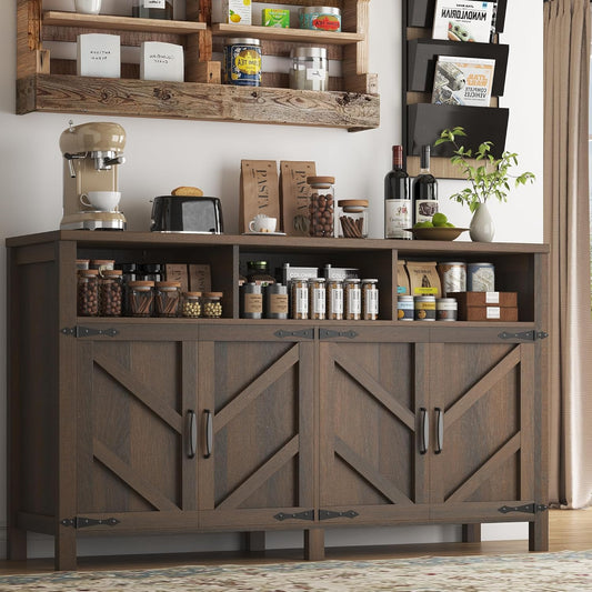 Buffet Sideboard with Storage Farmhouse with 4 Doors, 55'' Large Kitchen Storage Cabinet Wood Coffee Bar Cabinet Buffet Table with Shelves for Kitchen, Dining Room, Entryway (Brown, 55in)