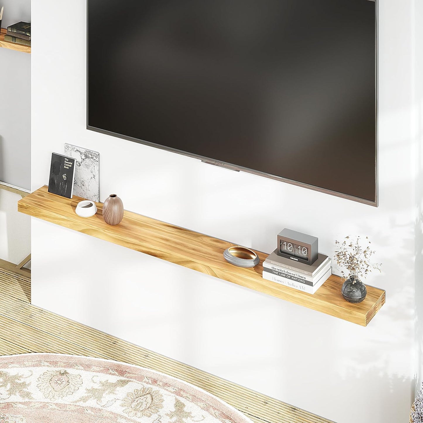 60'' Pine Wood Floating Shelf for Wall - Rustic Wall Mounted Wooden Shelf for Stylish Home Décor, Fireplace Mantel 60inch (Natural, 60x8x2) - 1pcs