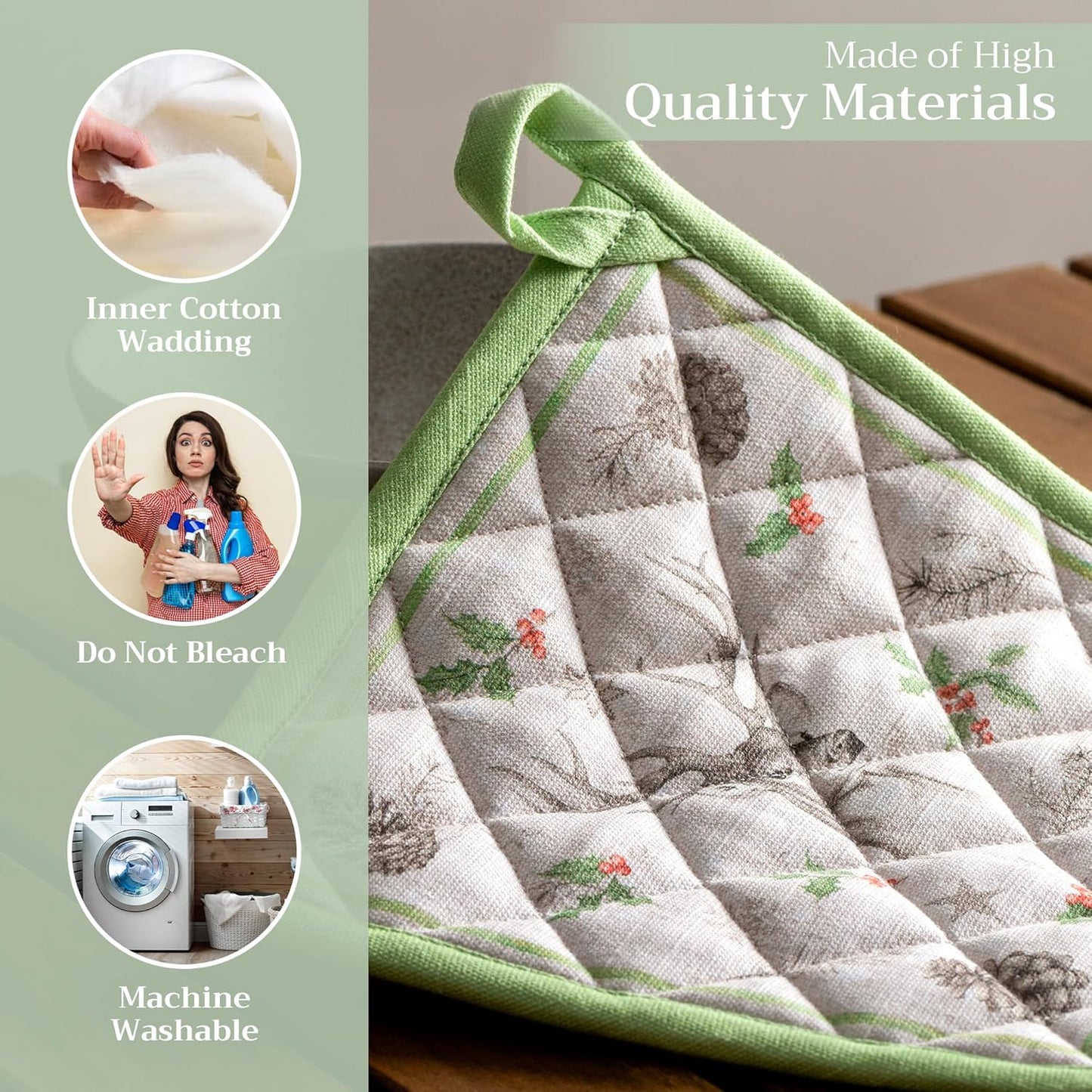 Maison d' Hermine Pot Holders Set 100% Cotton Heat Resistant Potholders 8" x 8" Hot Pads with Loop BBQ, Cooking, Baking, Grilling, Kitchen, Handling Hot Pans (Pack of 2, Christmas Dew)