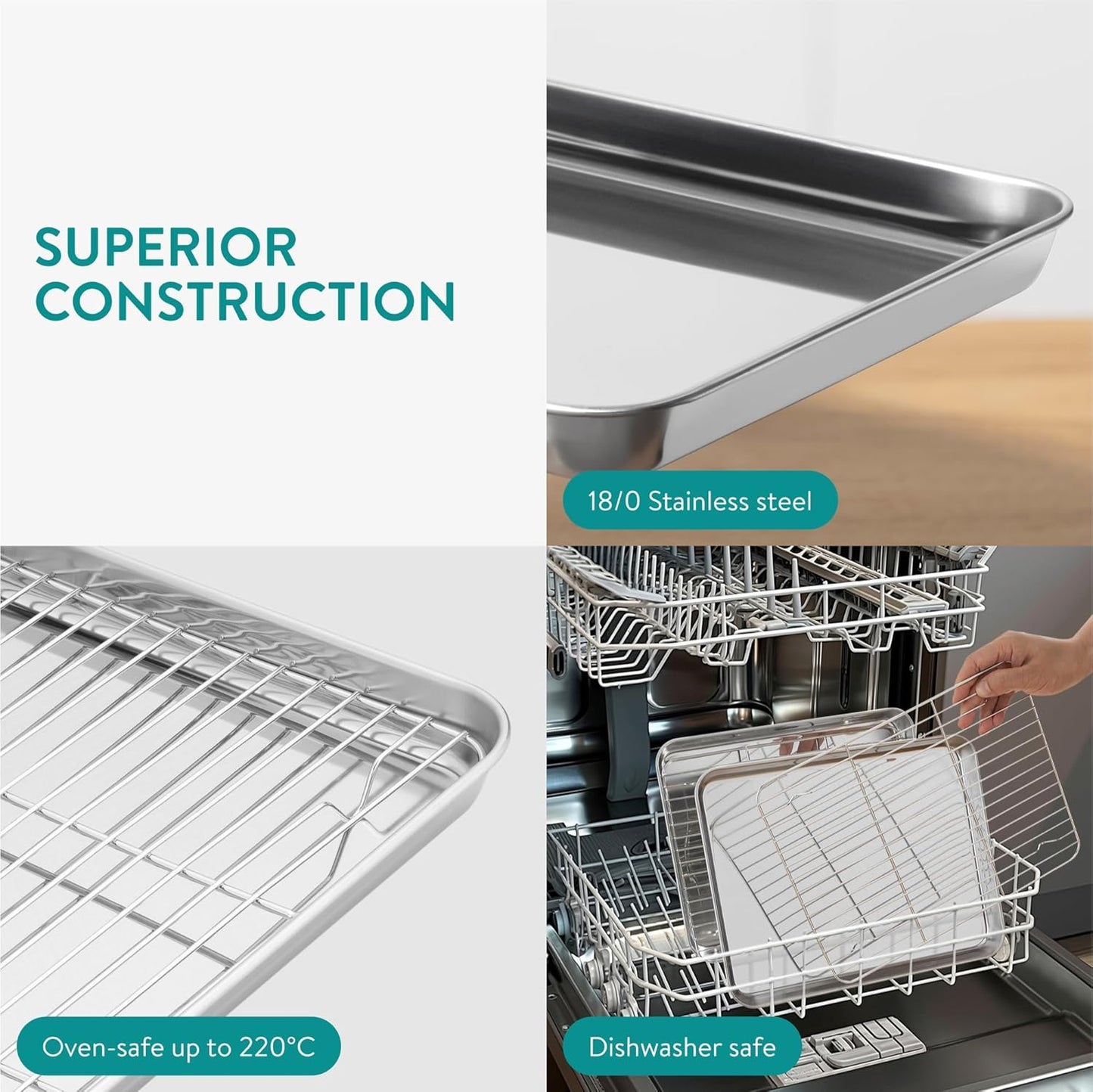 Navaris Quarter Sheet Baking Pan Breading Trays w Racks - Stainless Steel Baking Sheet with Wire Rack Insert for Oven Cooking - Cookie Bacon Tray - Set of 4 12.2X 9.4” (31x24cm)